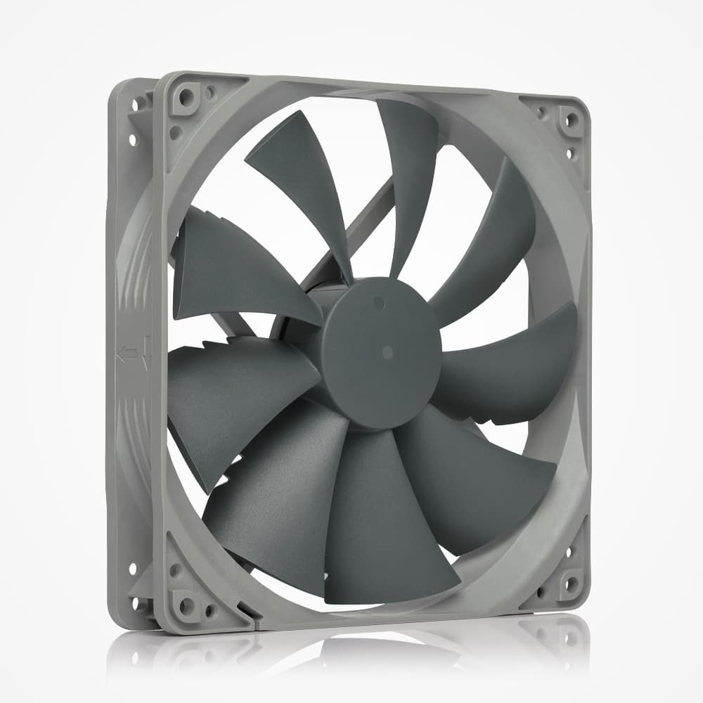 A gray Noctua NF-P14s redux fan, featuring nine blades featuring Vortex-Control Notches.