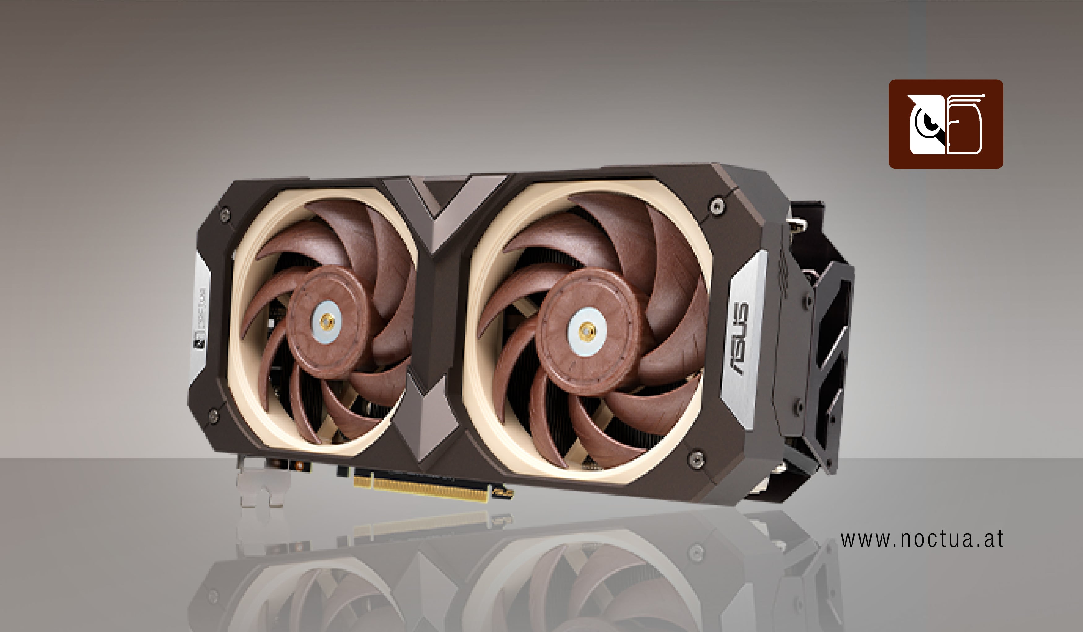 Close-up angled view of the ASUS RTX 3070 Noctua Edition graphics card, highlighting its custom shroud and signature Noctua brown-beige fans.