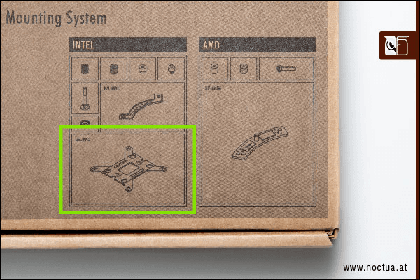 Accessory box included with a Noctua prodcut, NM-IBP4 backplate marked with a green rectangle