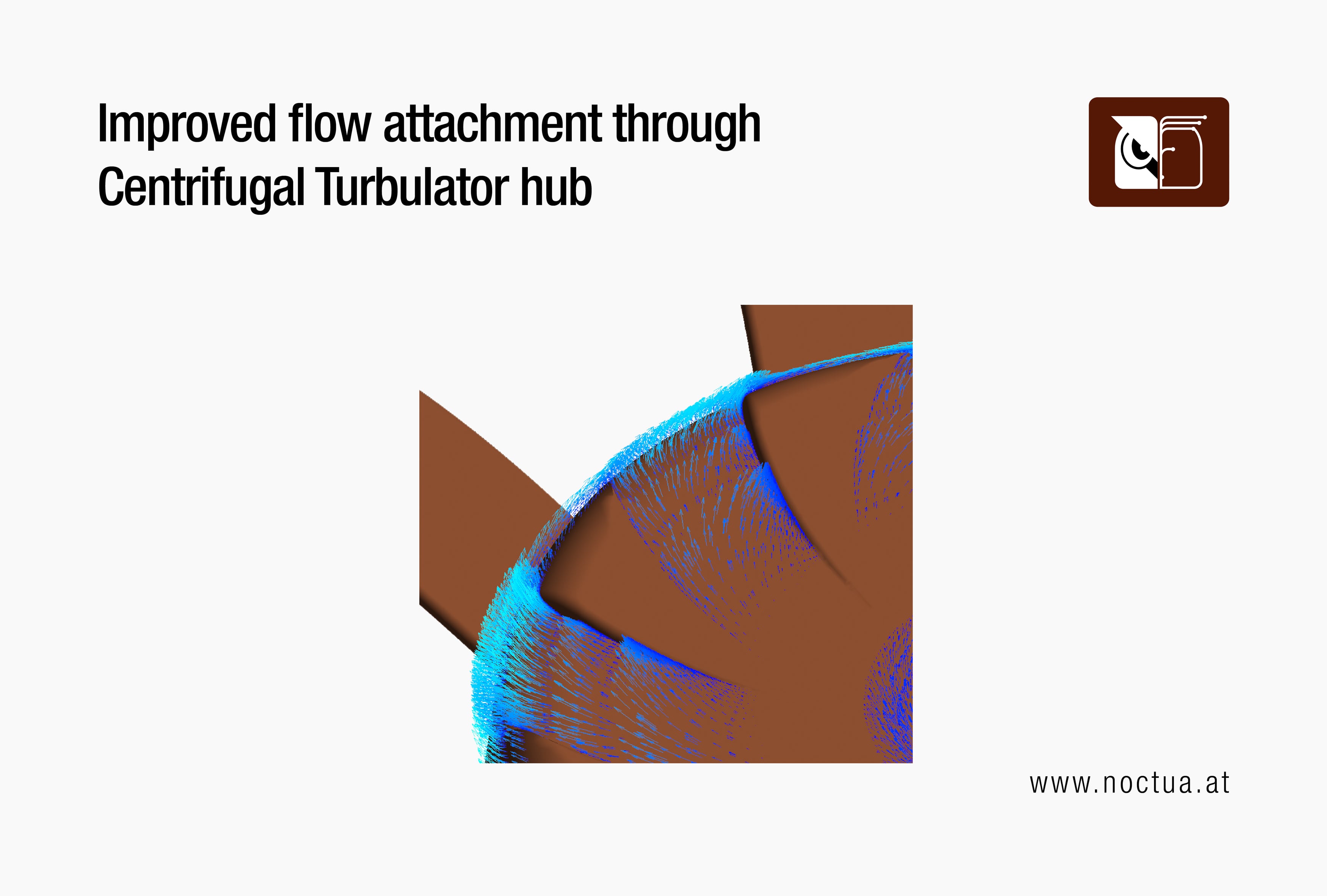 Close-up simulation of a Noctua G2 series fan's Centrifugal Turbulator Hub improving flow attachment in the motor hub region with detailed airflow vectors.