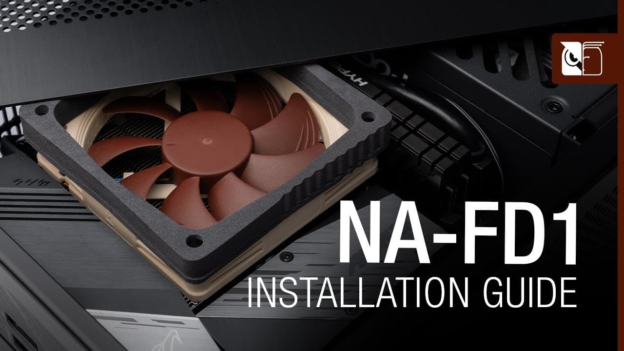 Noctua fan installed with an NA-FD1 fan duct kit on a motherboard, highlighting its easy installation and improved airflow.