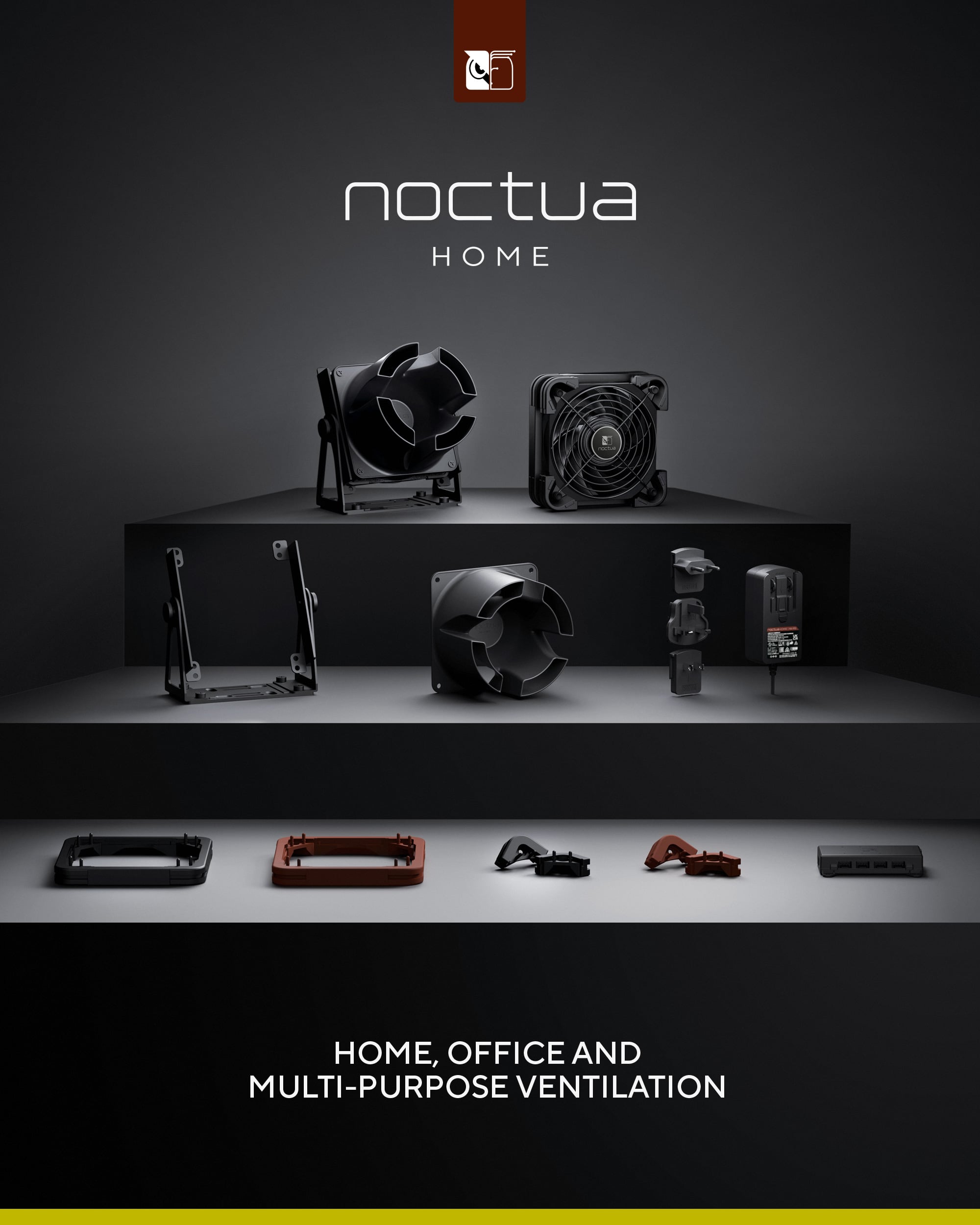 Promotional image for Noctua HOME, showcasing various ventilation products and accessories for home and office use.