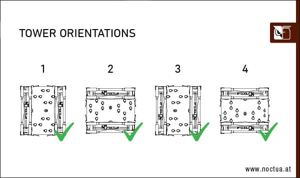 A tower cooler is shown in four orientations.