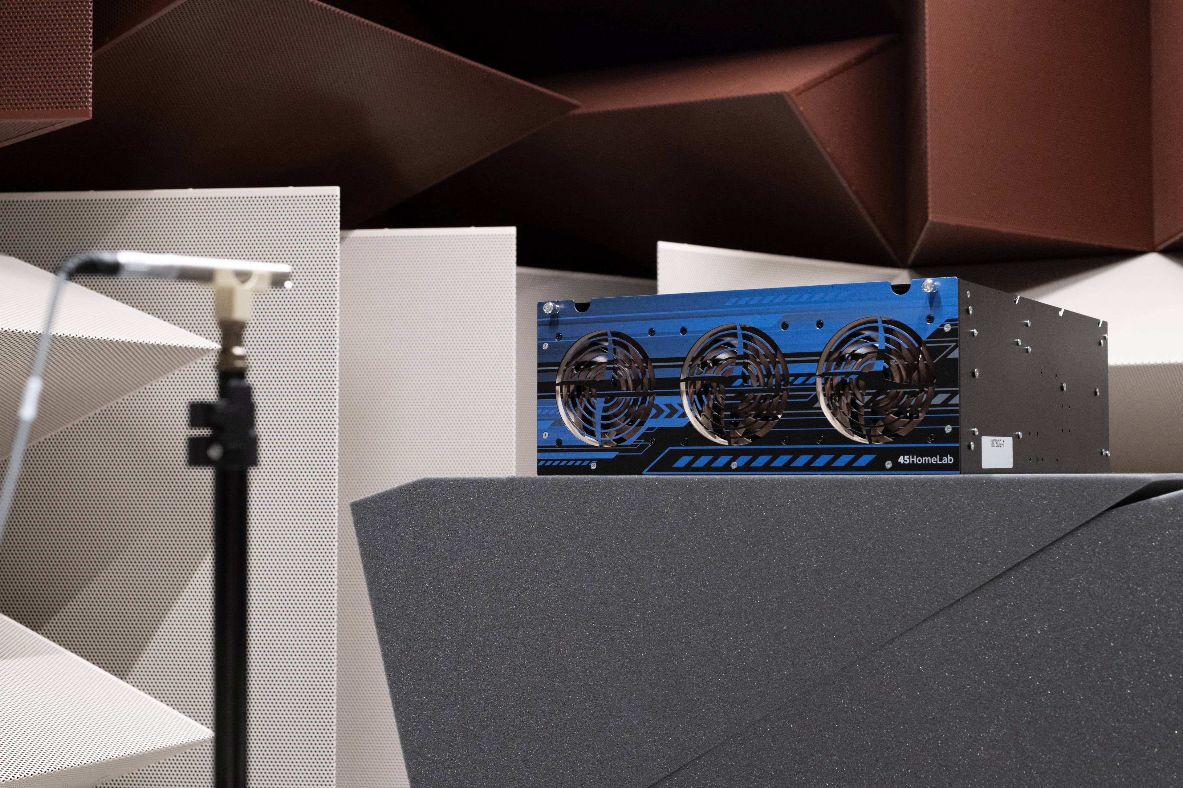 HL15 chassis in anechoic chamber with microphone in front