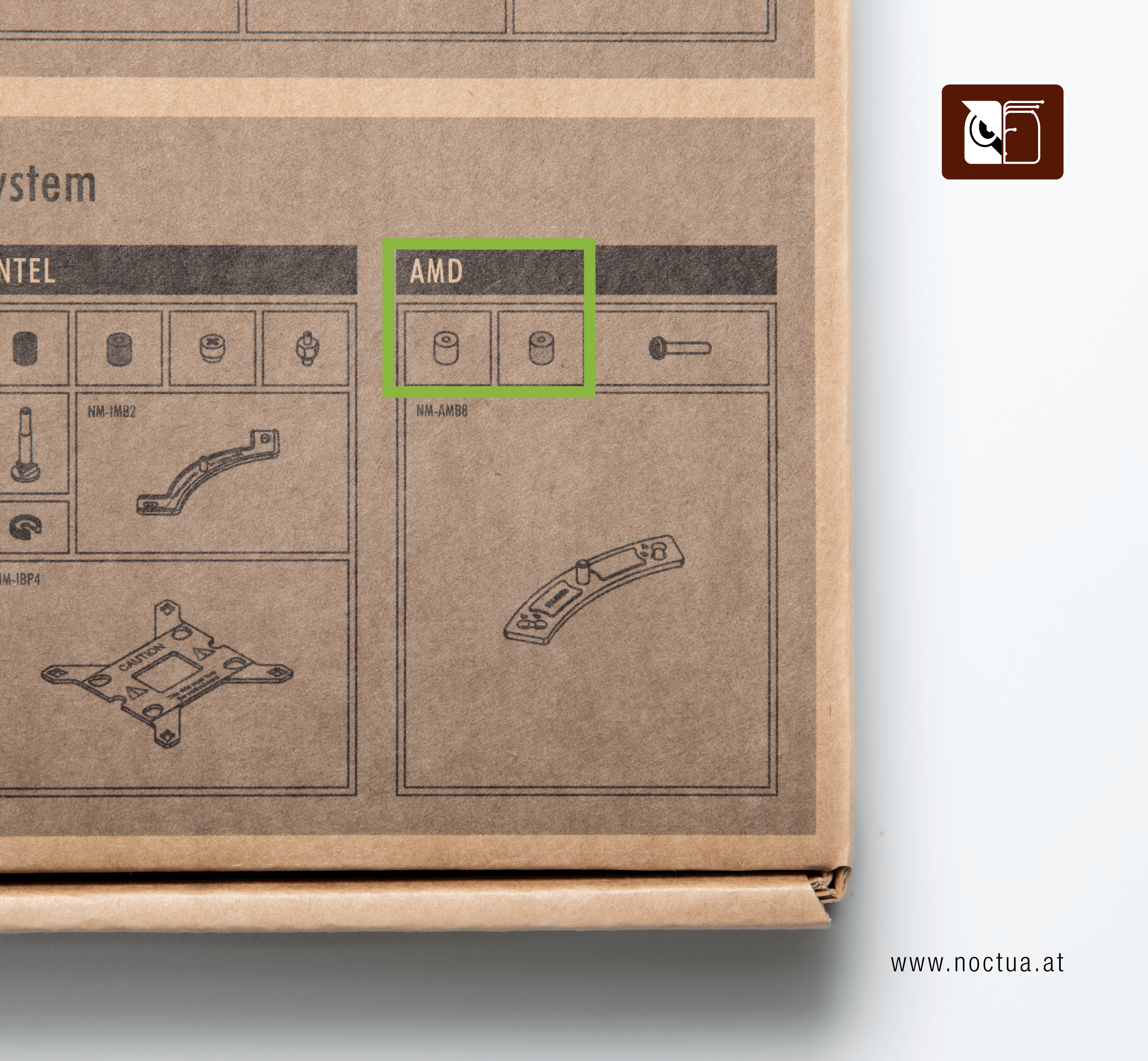Accessory box of a Noctua product, AMD white and grey spacers marked with a grey rectangle