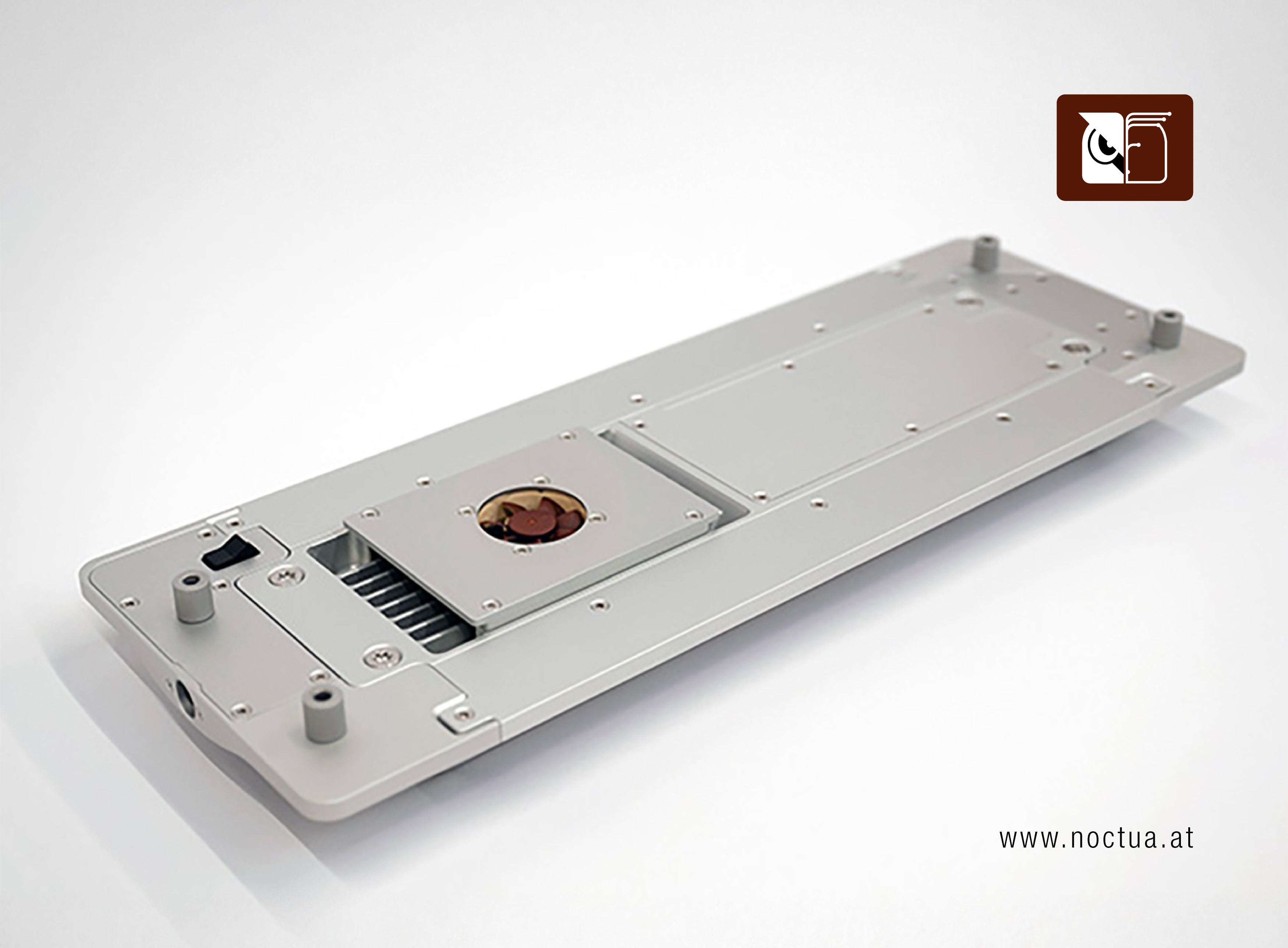 Underside view of a SAGA Space Architects Circadian Light housing with a visible Noctua NF-A4x10 5V fan, heat sink, and mounting posts.