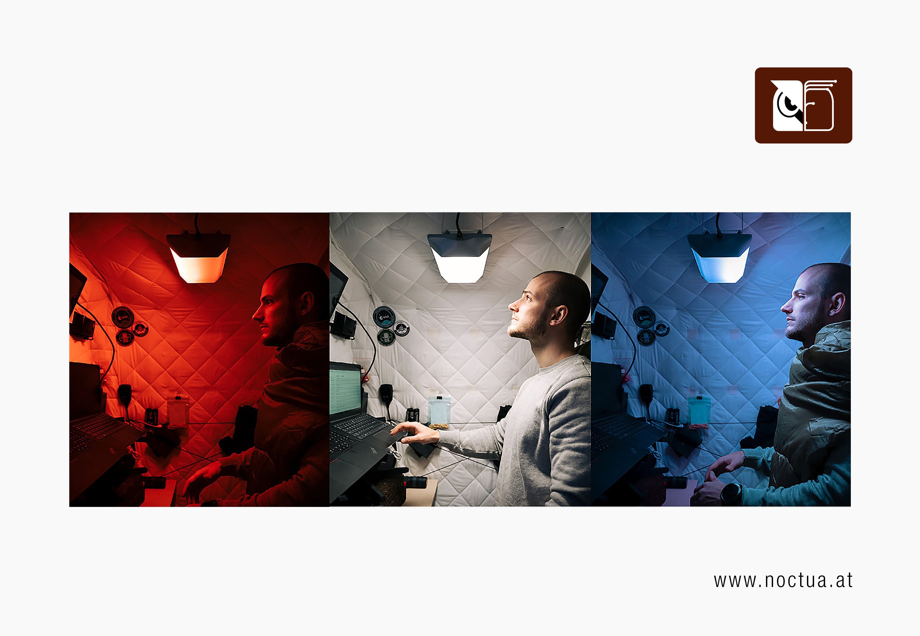 Three images of the same man in small space living quarters with the Circadian light set to three different light colour hues that imitate natural sunlight transitions.