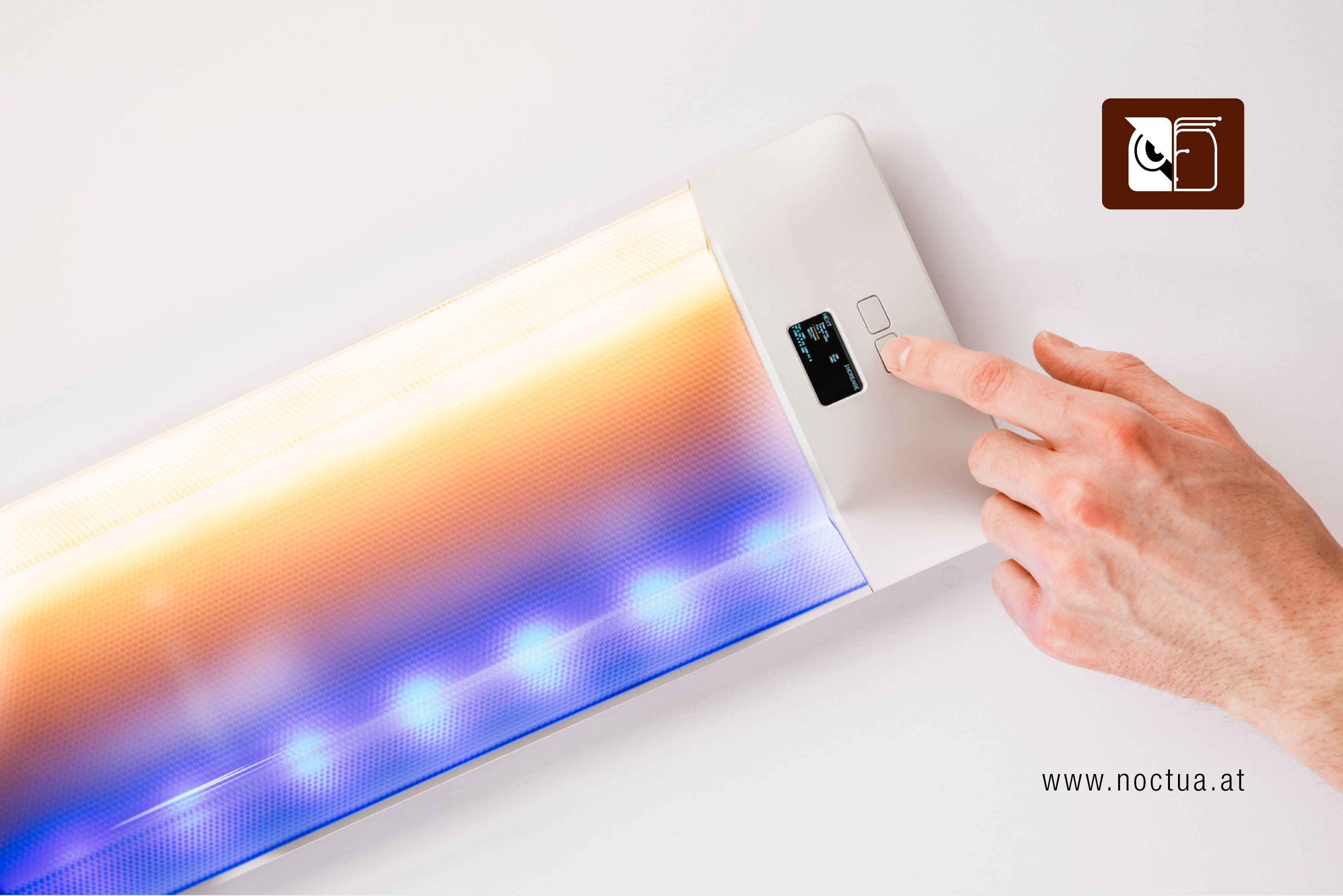 Circadian light designed by SAGA demonstrates different possible light colour hues that imitate real daytime sunlight while a person operates the control buttons.