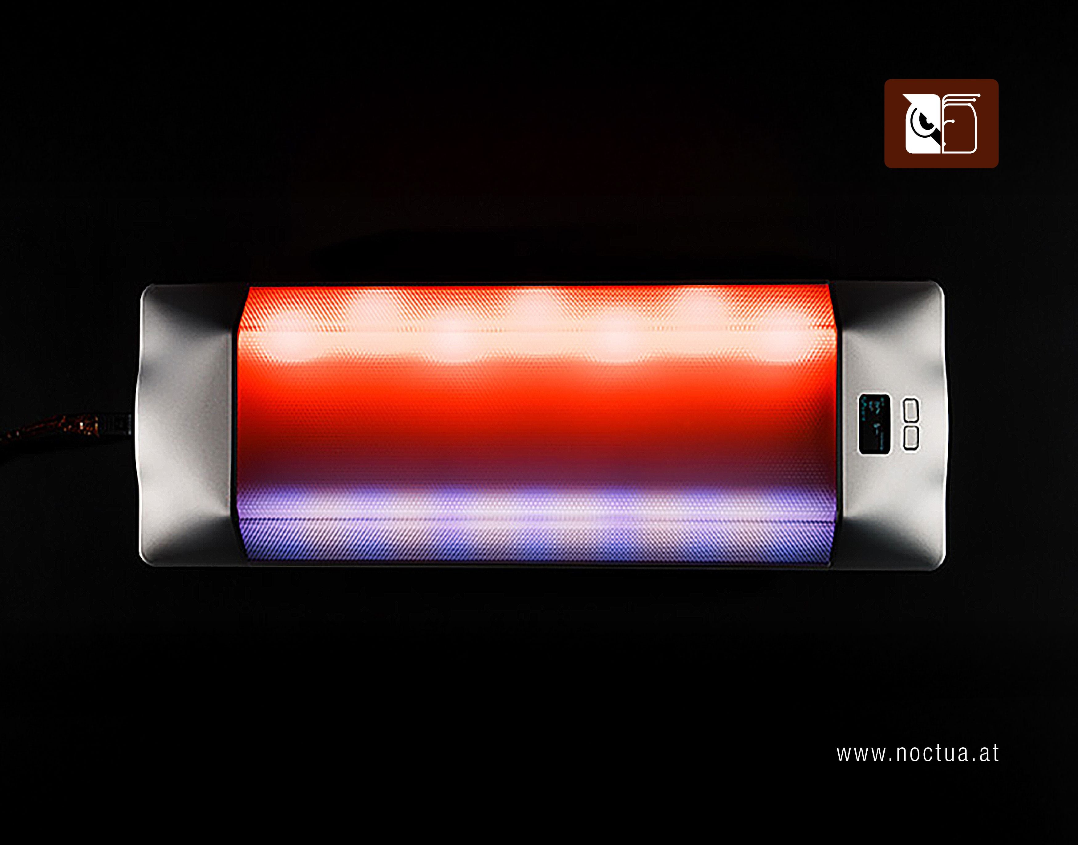 A man in a small space living quarters looking upwards at a Circadian light set to red color designed by SAGA Space Architects mounted above his head.