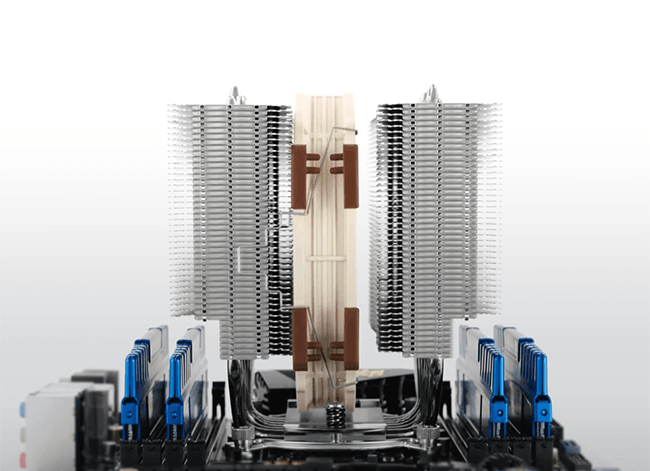 An NH-D15S shown from the side, the highest point are the heatpipe endings.