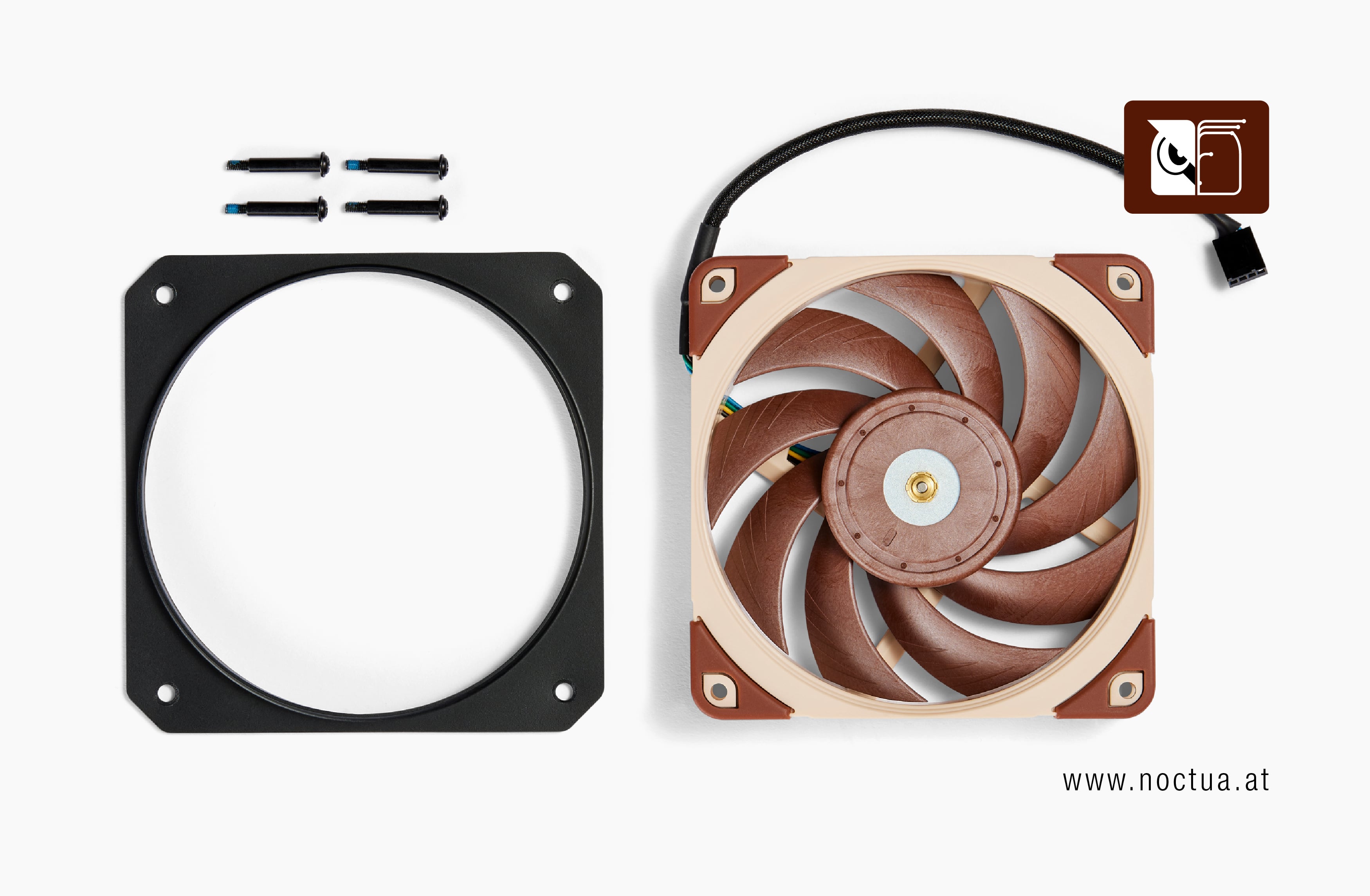 A Noctua NF-A12x25 fan next to a black fan duct and mounting screws, highlighting cooling components for Framework PC.