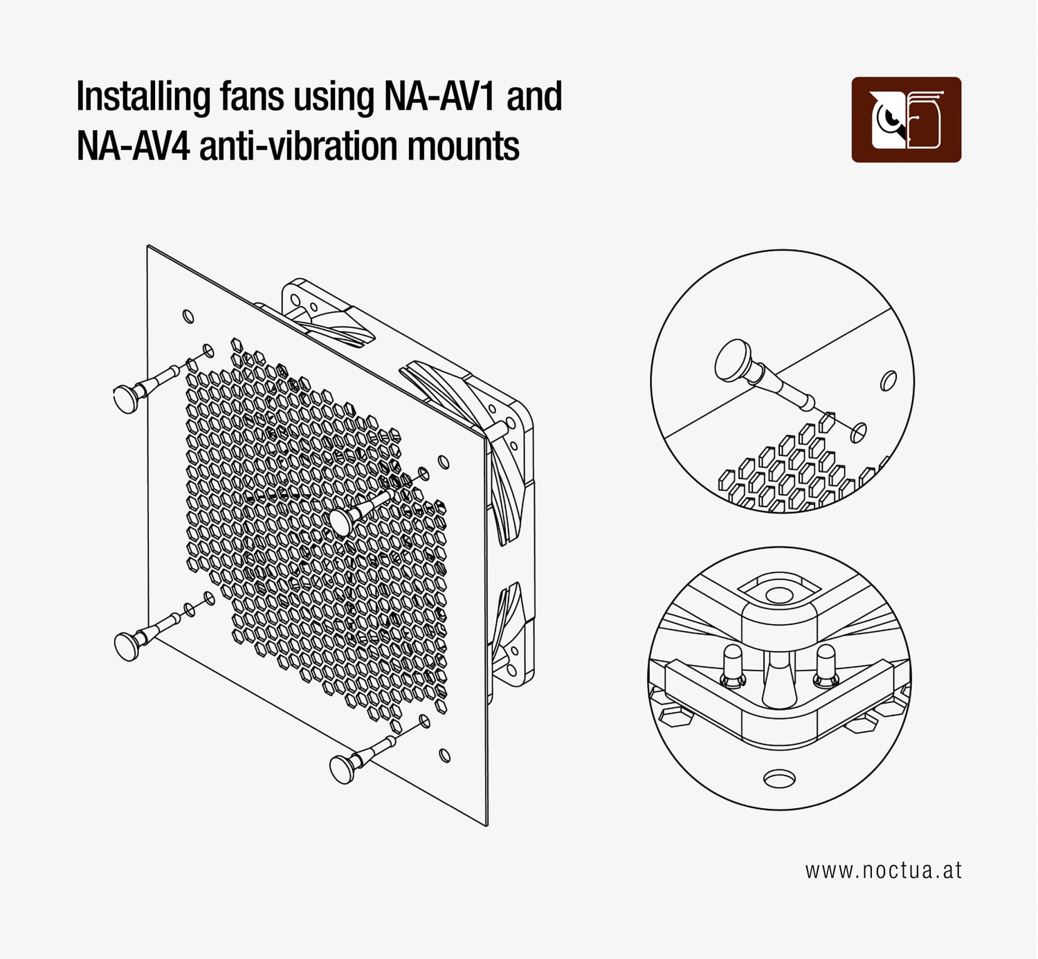 Diagram showing how to install a fan using anti-vibration mounts. The fan is attached to a case panel via rubber mounts inserted through the mounting holes. Close-up insets illustrate how the mounts are pulled through the panel first and then secured to the fan.