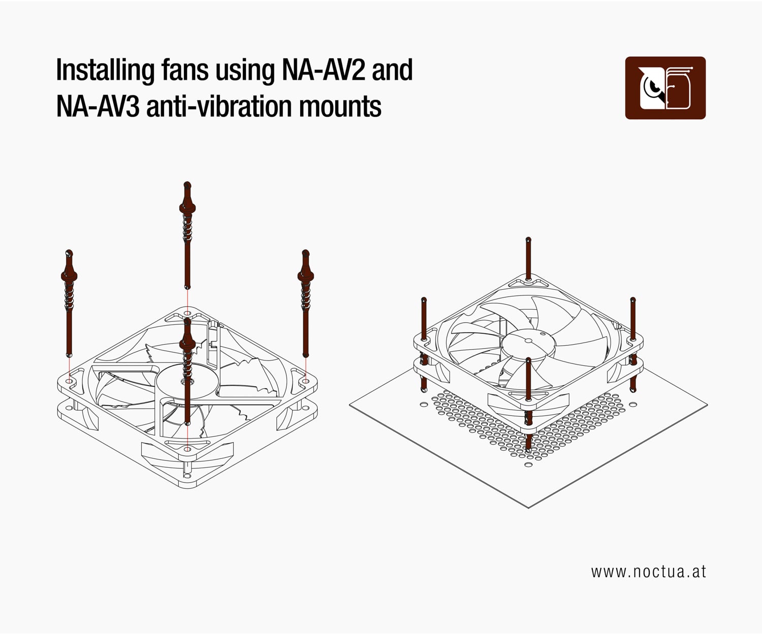 A technical drawing of NA-AV2 and NA-AV3 anti-vibration mounts being installed.