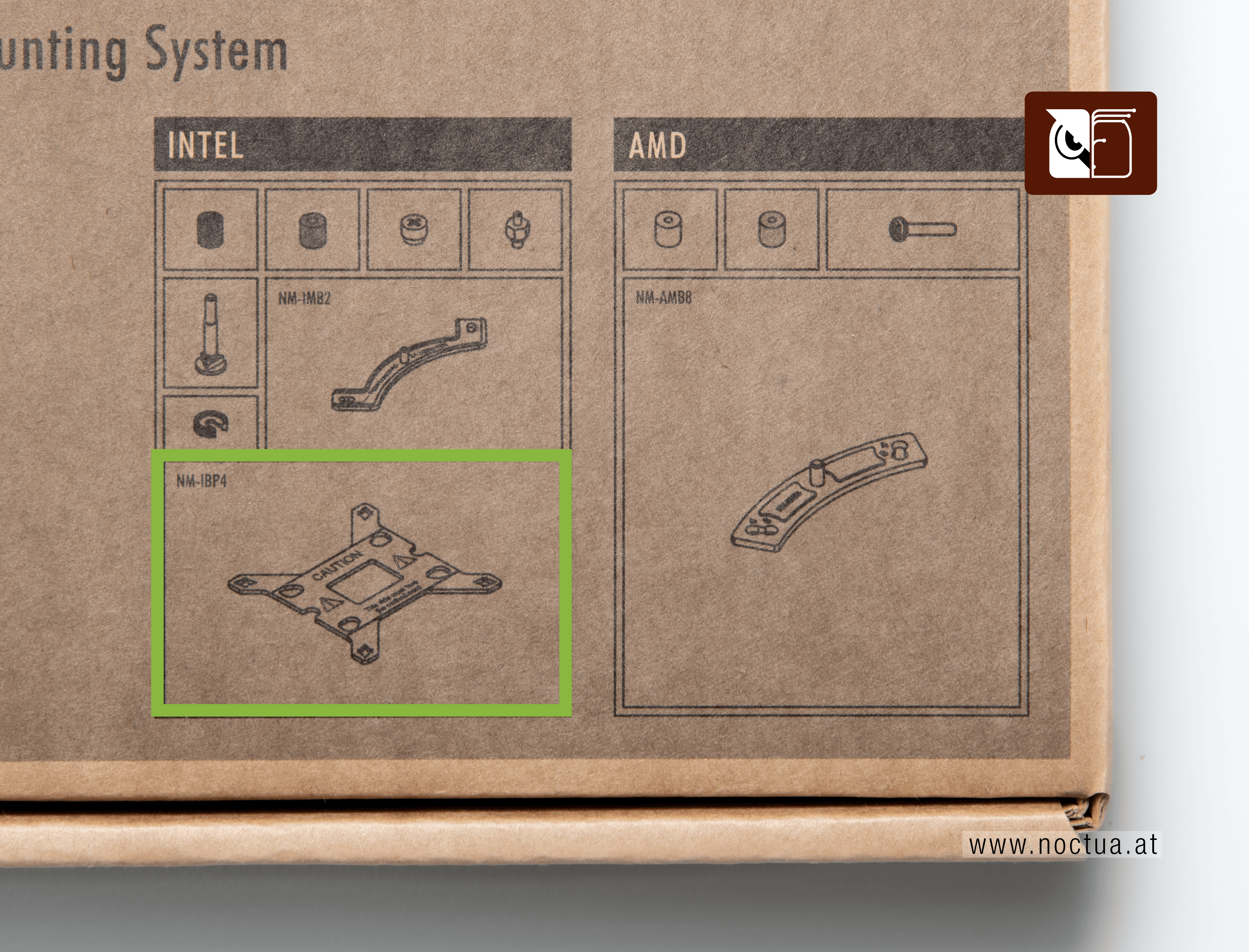 Accessory box included with a Noctua prodcut, NM-IBP4 backplate marked with a green rectangle