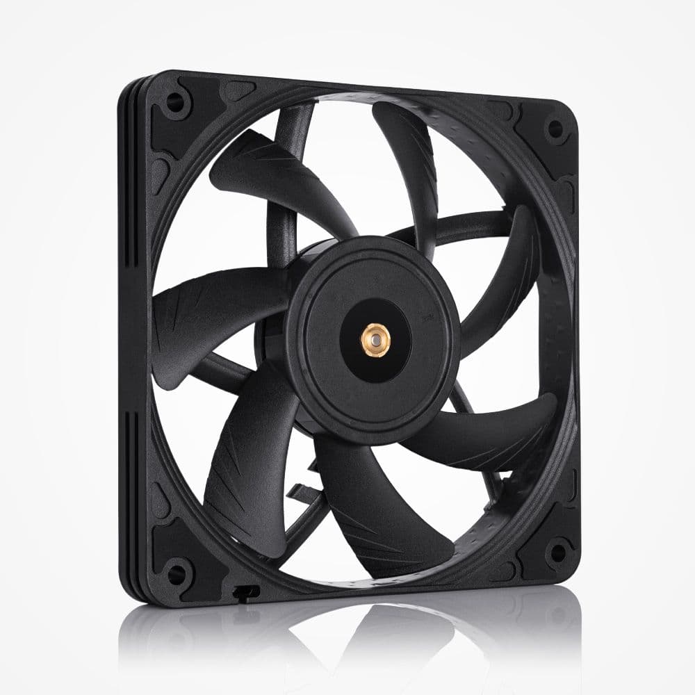 Matte black Noctua NF-A12x15 chromax.black.swap fan, a slim 15mm model with seven blades and a central brass bearing.