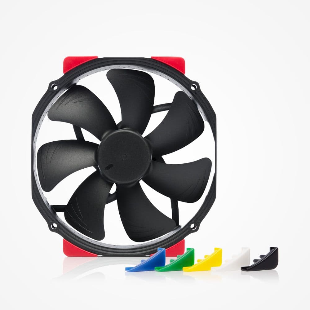 Matte black Noctua NF-A15 chromax.black fan with red anti-vibration pads. Customizable blue, green, yellow, white, and black pads shown.