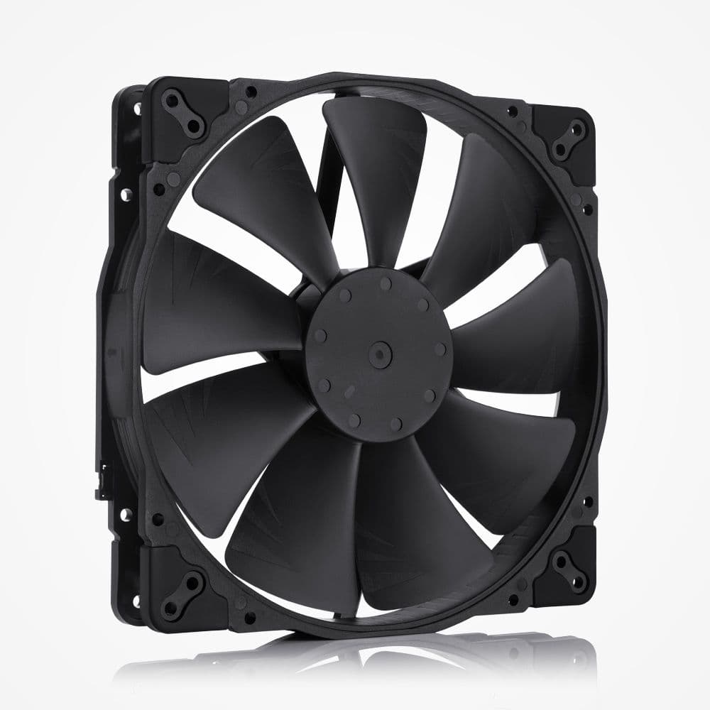 A close-up, slightly angled shot of a matte black Noctua NF-A20 chromax.black.swap 200mm computer cooling fan, showcasing its nine curved blades and anti-vibration corners. The fan is set against a white background with a subtle reflection.