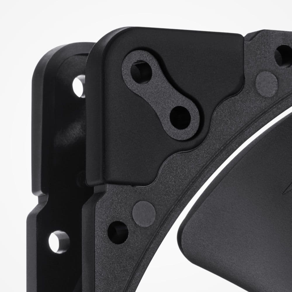 A very close-up, angled shot of the matte black corner of a Noctua NF-A20 chromax.black computer fan, highlighting versatile 154mm, 110x180mm and 170mm mounting hole spacing.