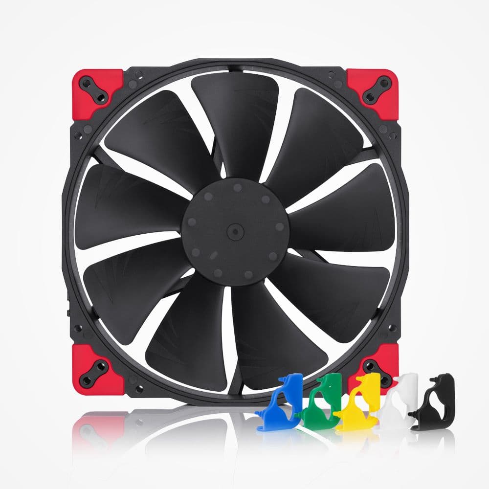 NF-A20 chromax.black fan with red anti-vibration pads. Customizable blue, green, yellow, white, and black pads shown.