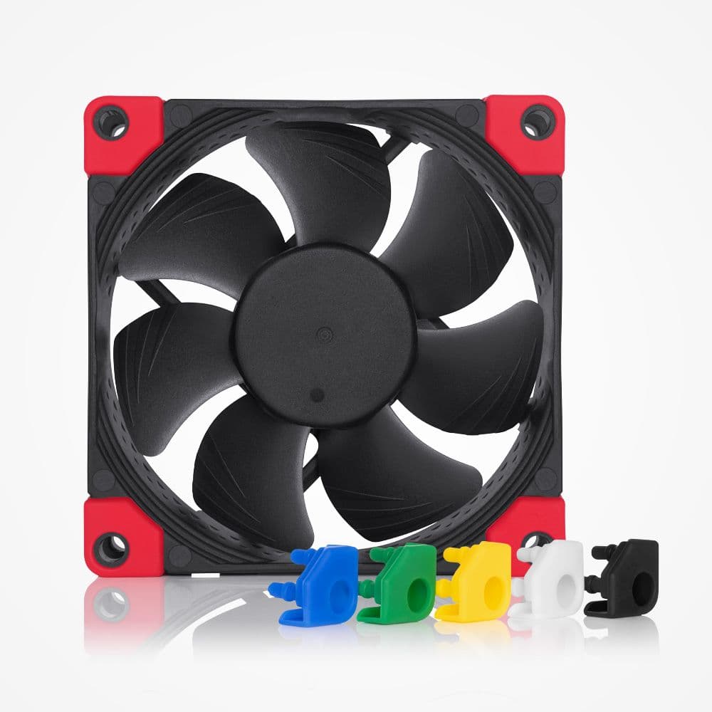 Matte black Noctua NF-A8 chromax.black.swap fan with red anti-vibration pads. Customizable blue, green, yellow, white, and black pads shown.