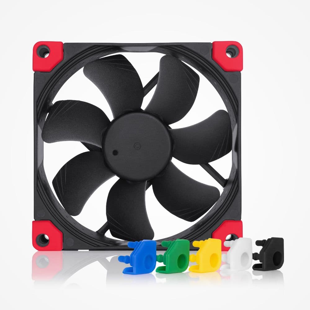 Matte black Noctua NF-A9 chromax.black.swap fan with red anti-vibration pads. Customizable blue, green, yellow, white, and black pads shown.
