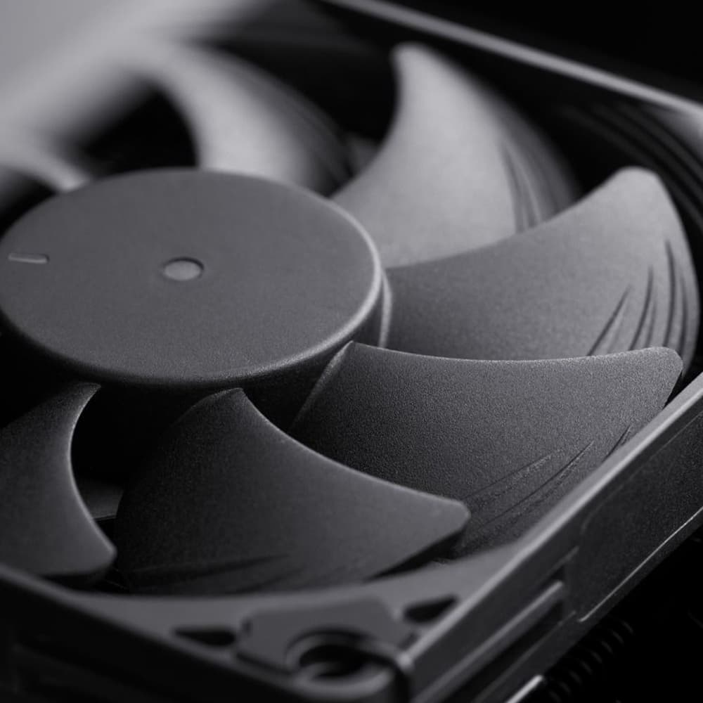 A matte black Noctua NF-A9x14 chromax.black.swap fan, a slim 14mm model with nine blades and Flow Acceleration Channels.