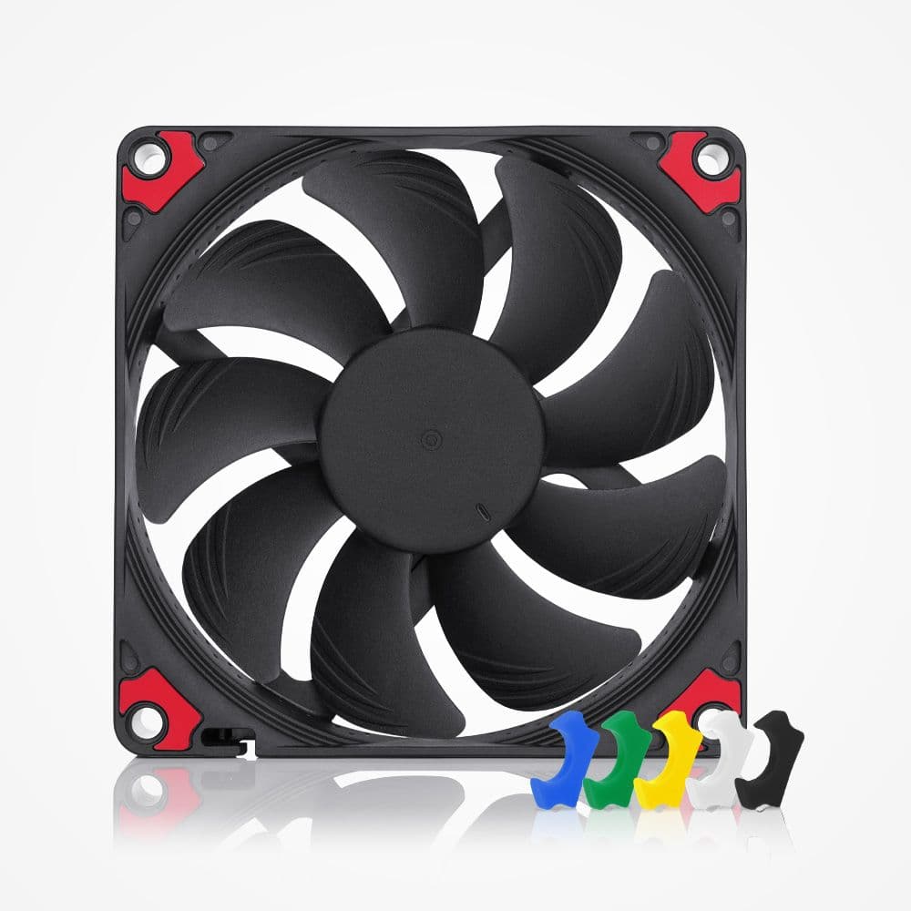 Matte black Noctua NF-A9x14 chromax.black.swap fan with red anti-vibration pads. Customizable blue, green, yellow, white, and black pads shown.