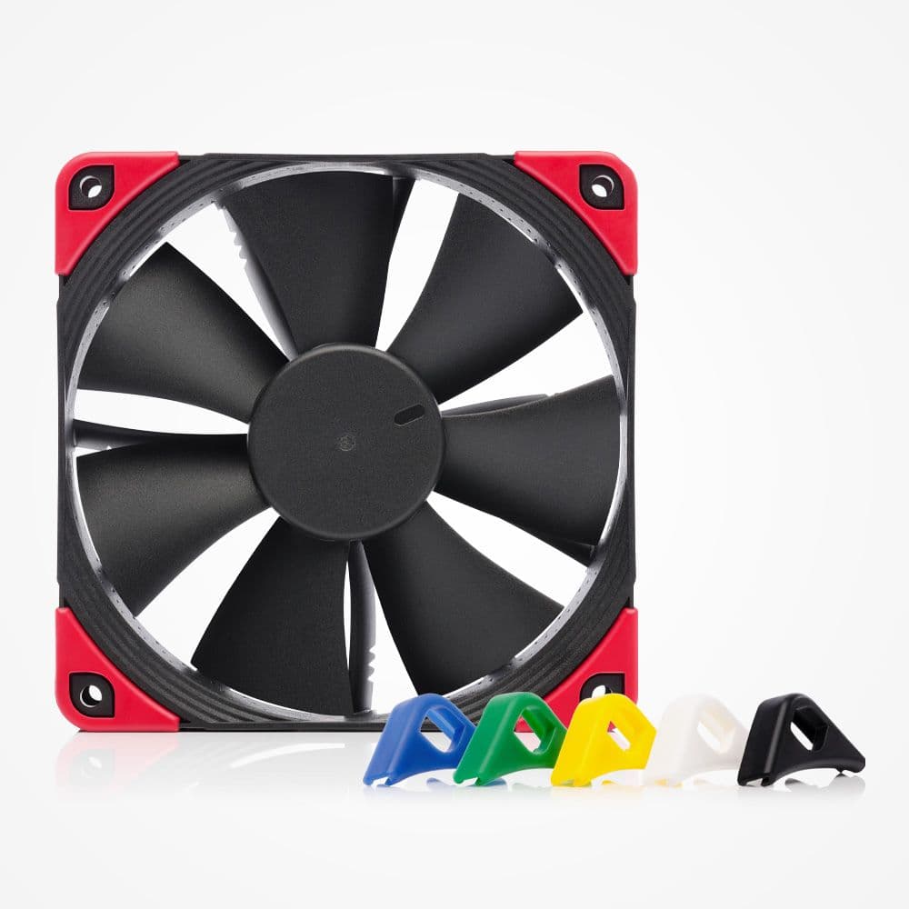 Matte black Noctua NF-F12 chromax.black.swap fan with red anti-vibration pads. Customizable blue, green, yellow, white, and black pads shown.