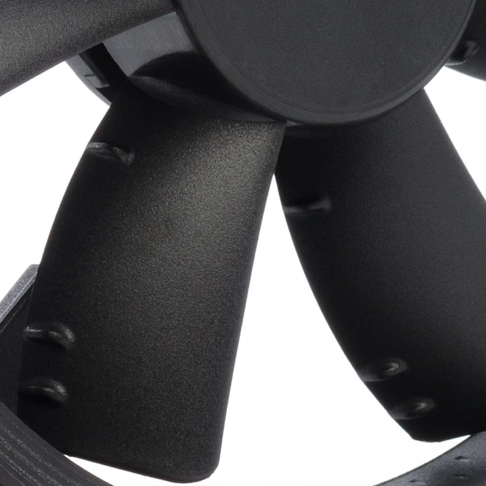 A close-up of the blades of a matte black Noctua NF-S12A chromax.black fan, highlighting the Anti-Stall Knobs.