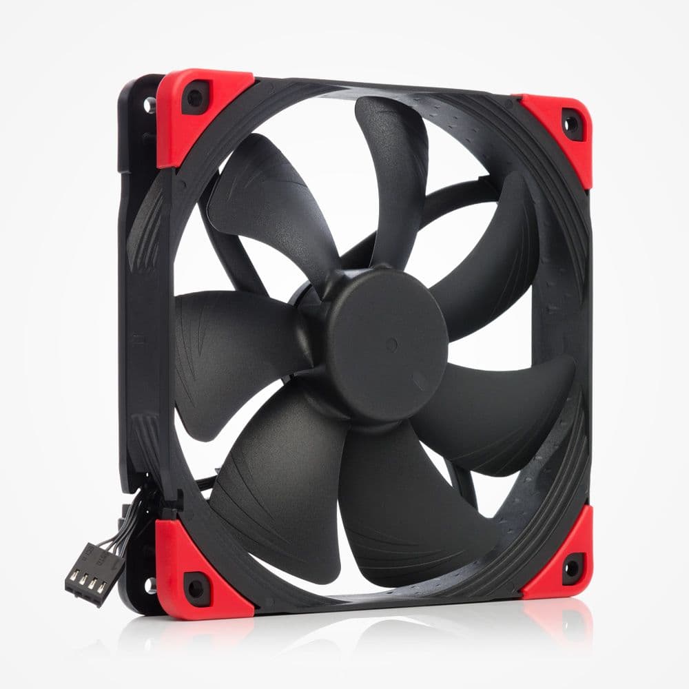 Matte black Noctua NF-A14 chromax.black fan with vibrant red anti-vibration pads installed on all four corners.
