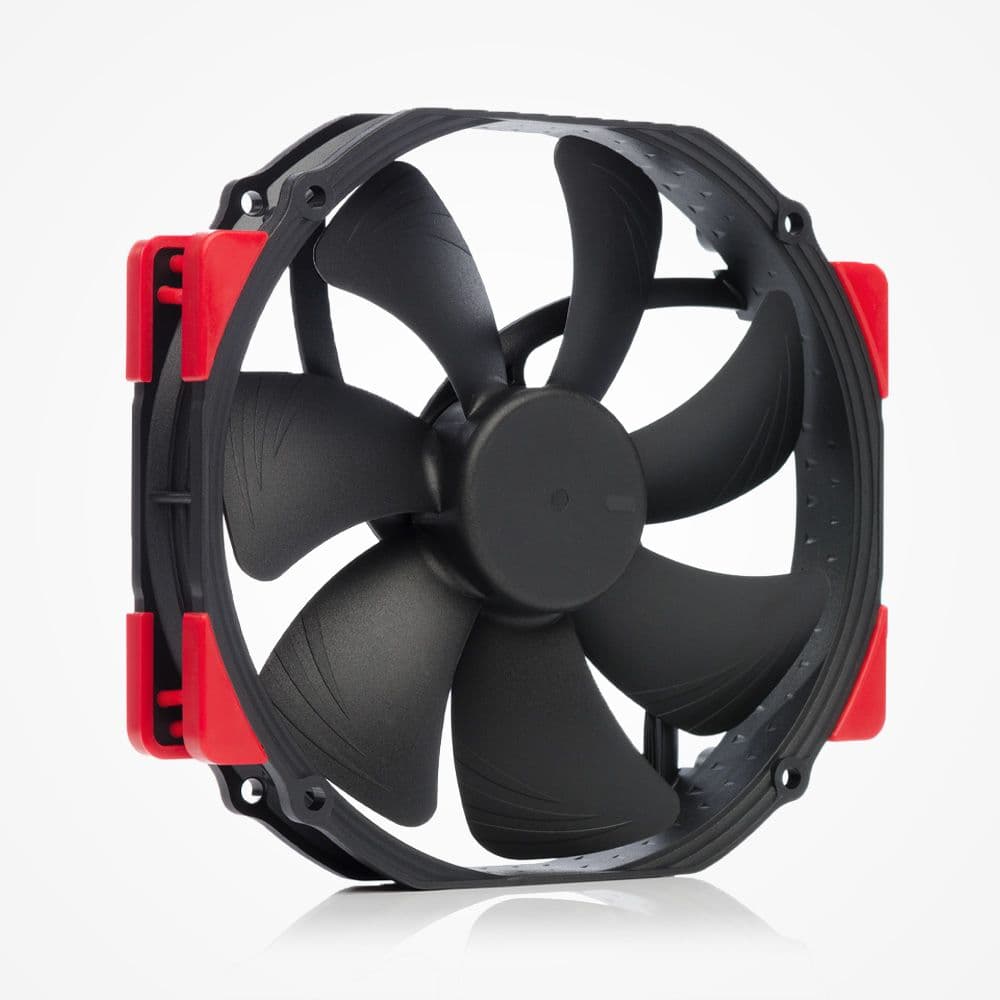 Matte black Noctua NF-A15 chromax.black.swap fan with vibrant red anti-vibration pads installed on all four corners.