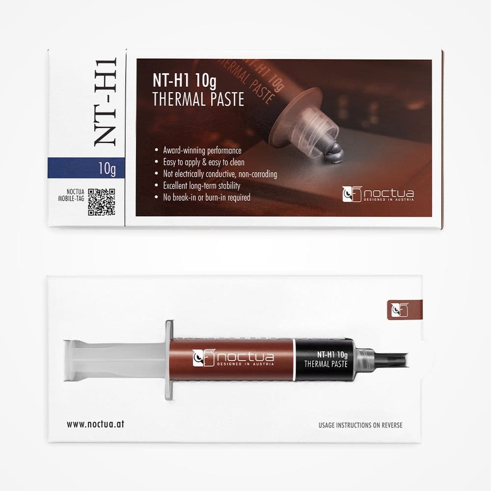 Packaging for Noctua NT-H1 10g thermal paste, showing the syringe inside the box with its key features listed.