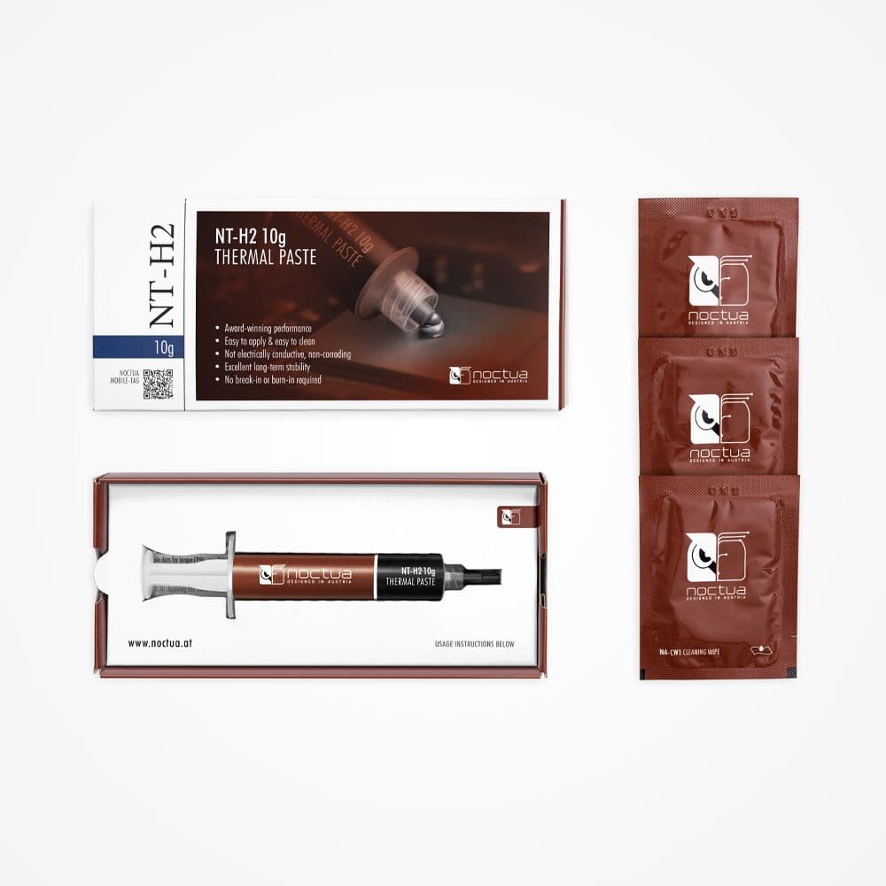 Packaging for Noctua NT-H2 10g thermal paste, showing the syringe inside the box and three cleaning wipes included.
