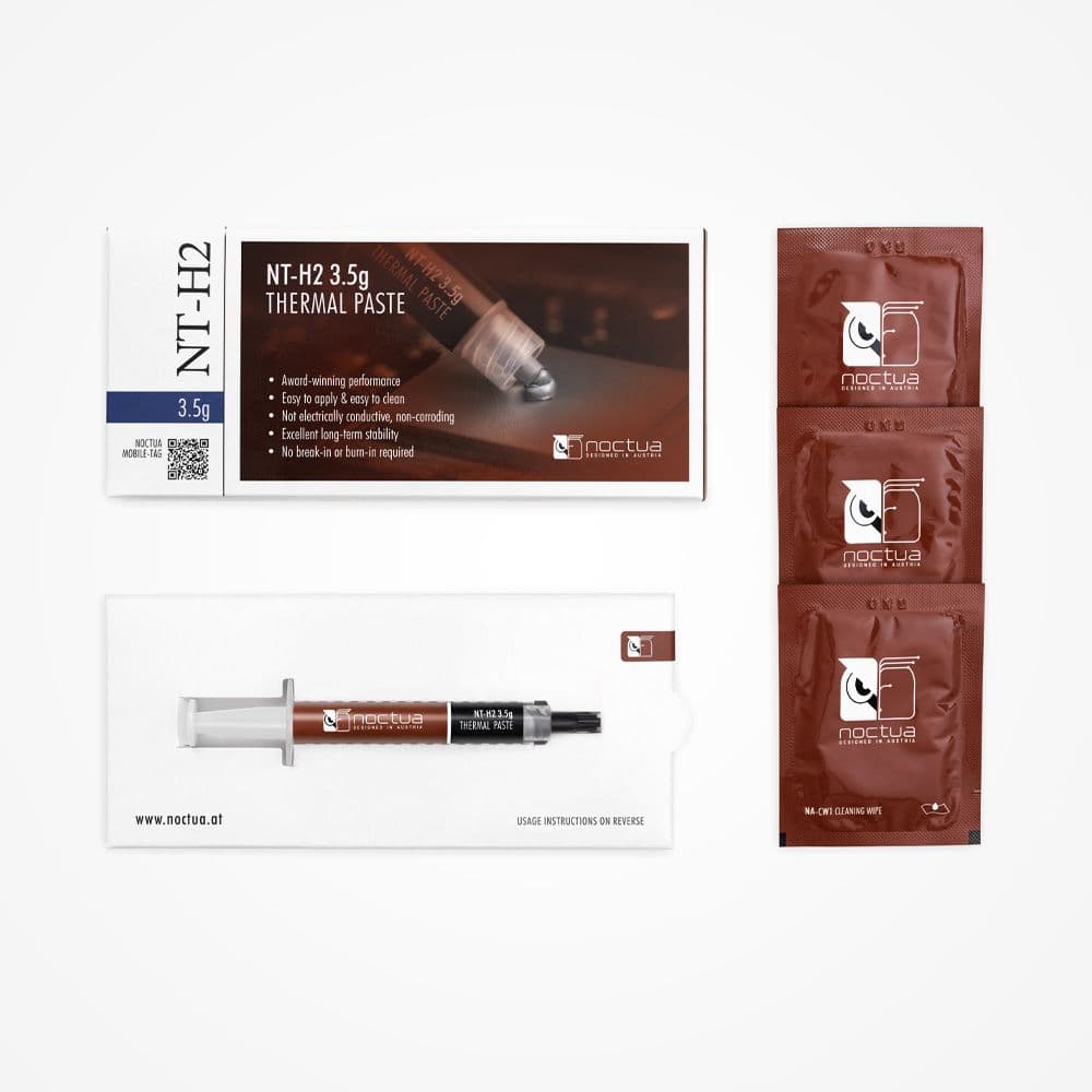 Packaging for Noctua NT-H2 3.5g thermal paste, showing the syringe inside the box and three cleaning wipes included.