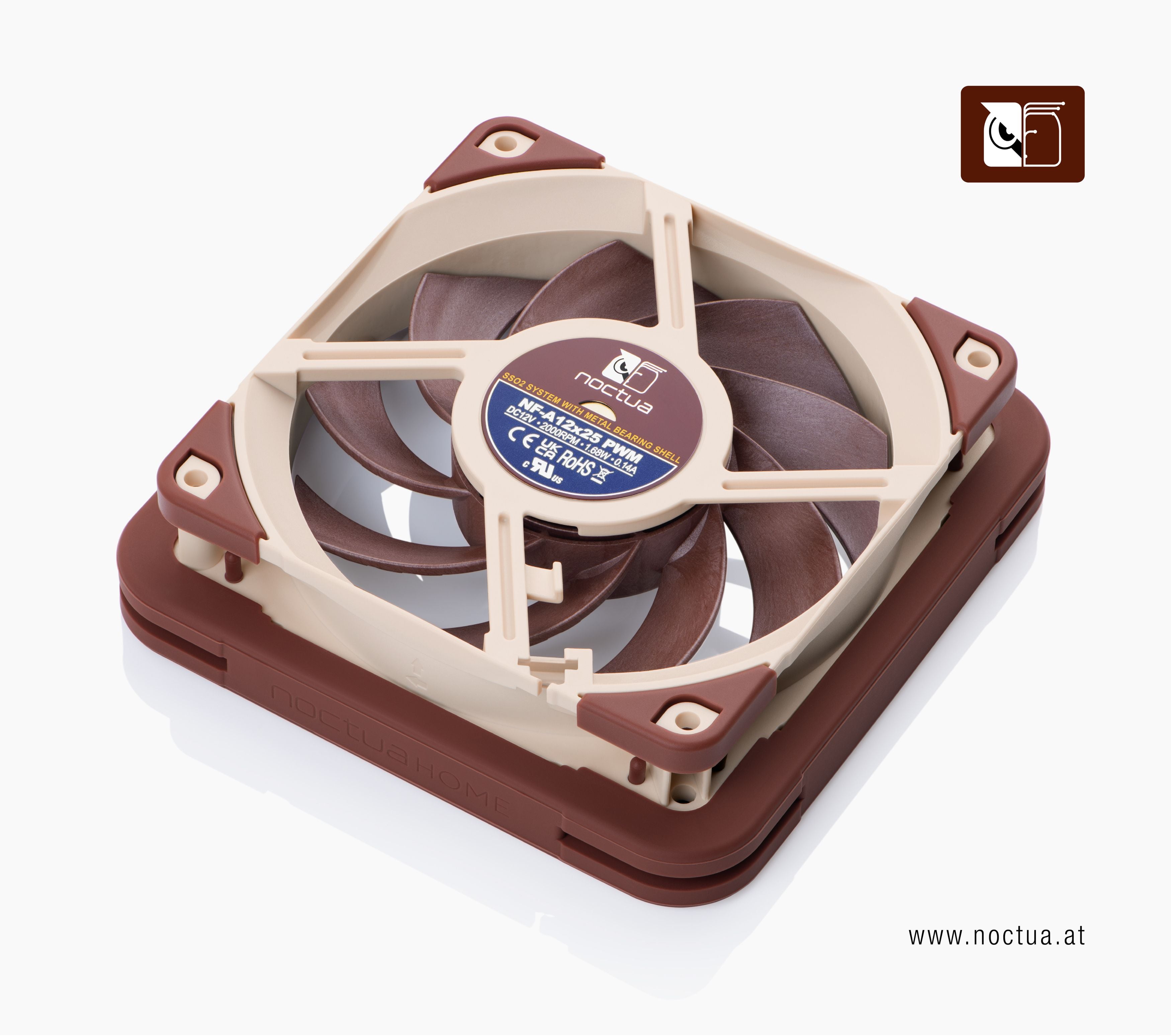 Noctua NF-A12x25 fans equipped with larger Noctua HOME NV-MPP pads set in a position to blow upwards.