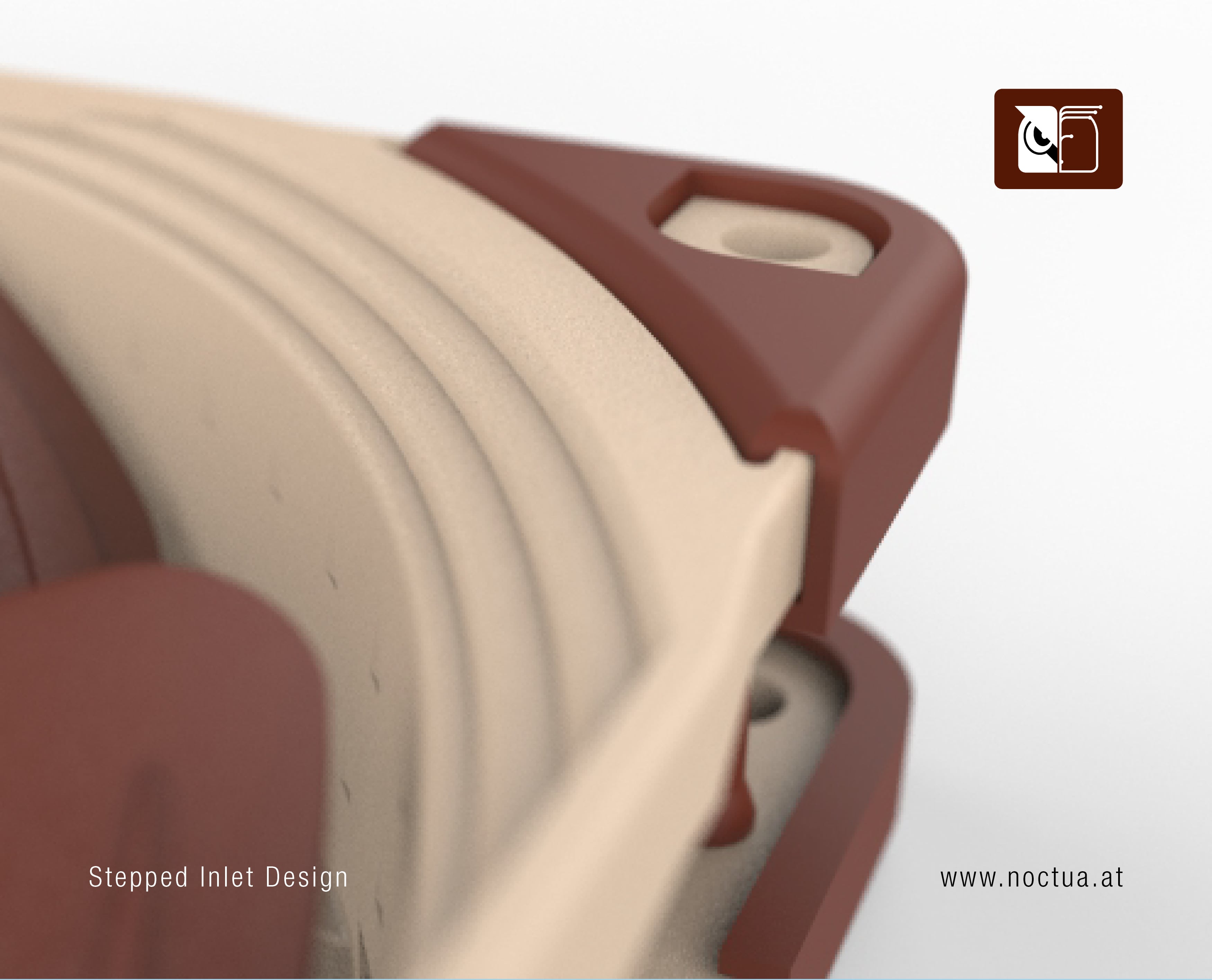 Close-up of a fan with Stepped Inlet Design facilitates the transition from laminar to turbulent flow for improved airflow efficiency, similar to a golf ball's dimples.