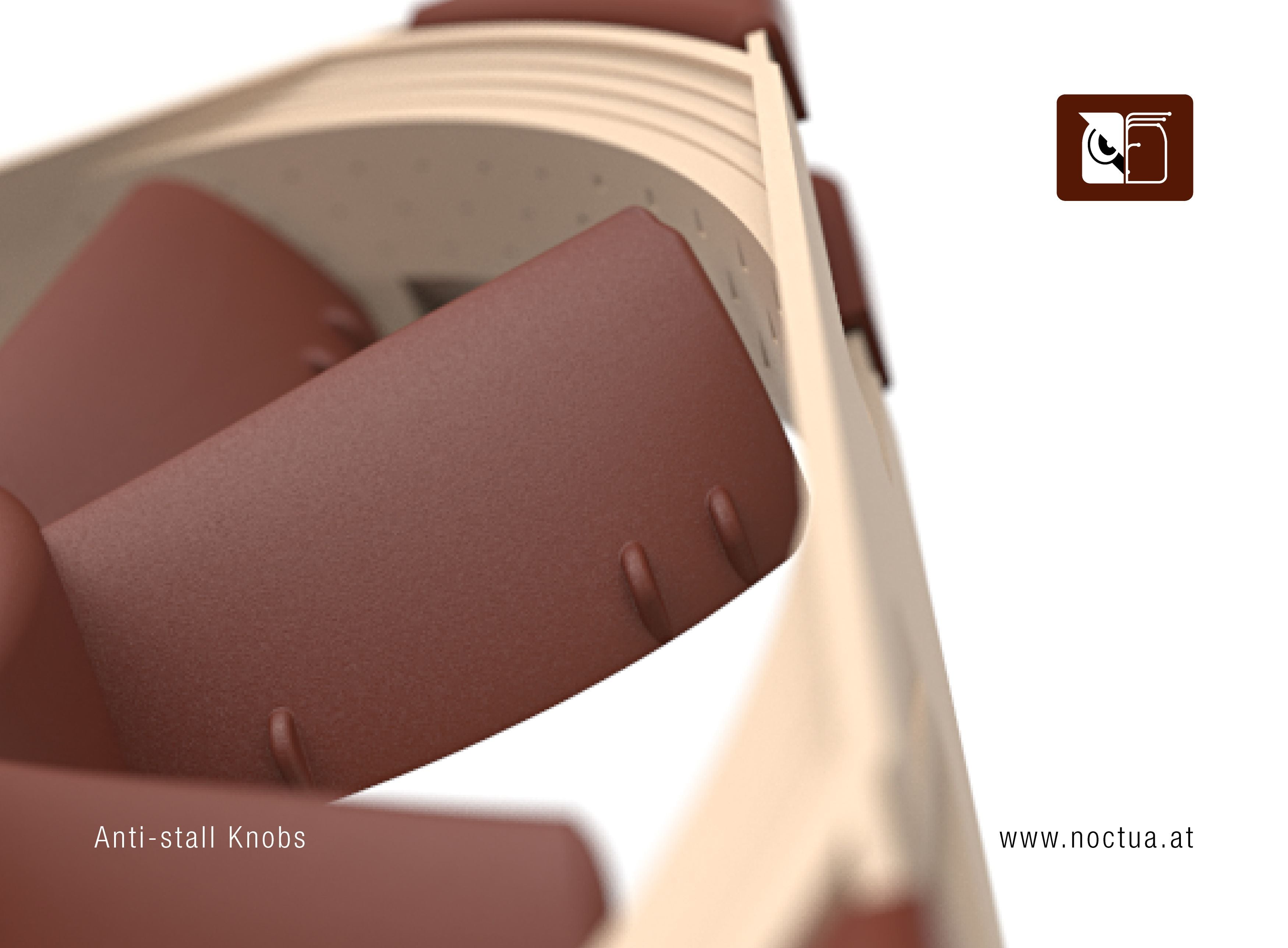 Close-up of a NF-S12A fan featuring Anti-Stall Knobs close to the trailing edges of the fan blades, designed to improve airflow and reduce noise.