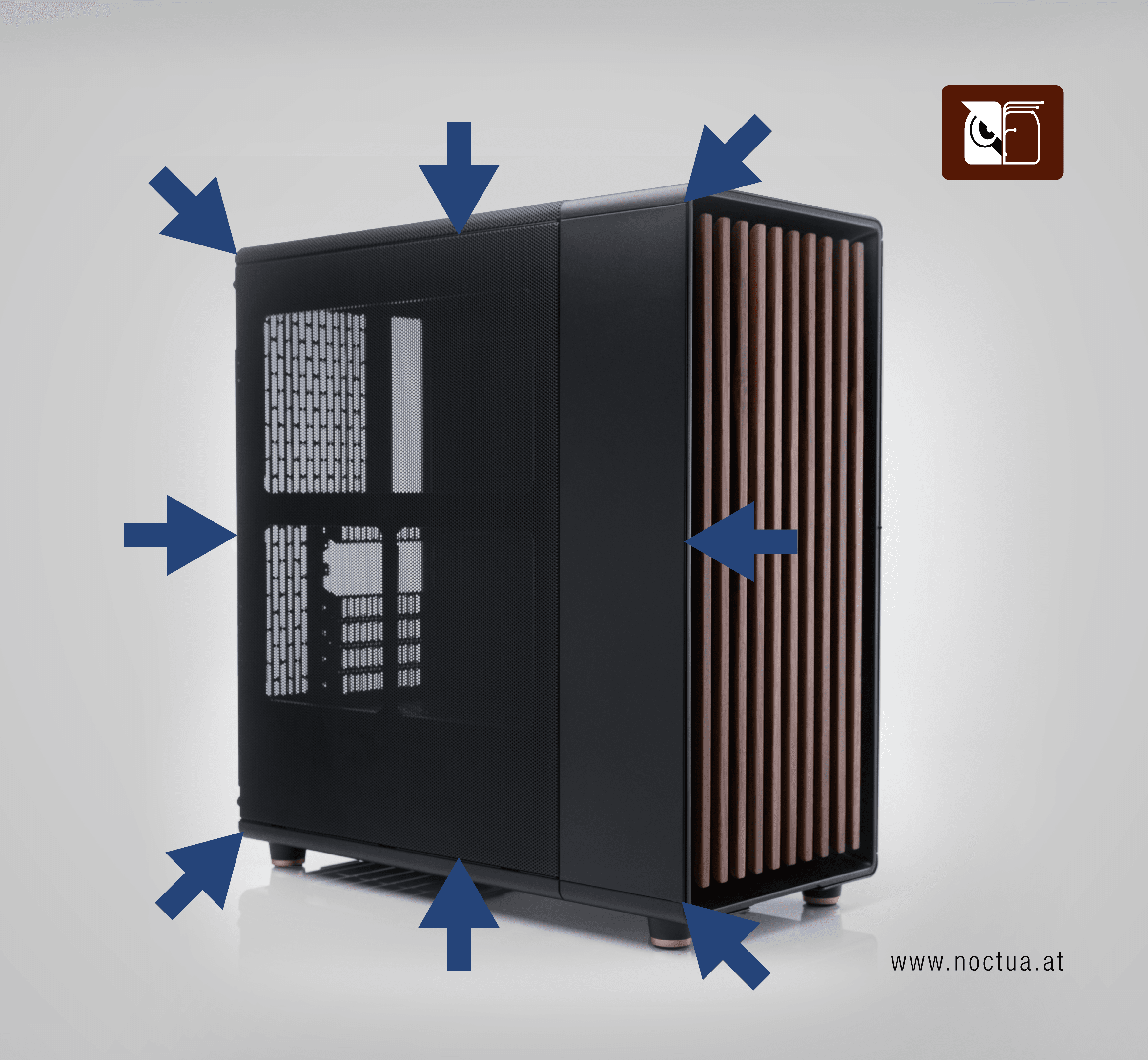 A Fractal Design North that illustrates negative pressure by having arrows in blue that point inwards.