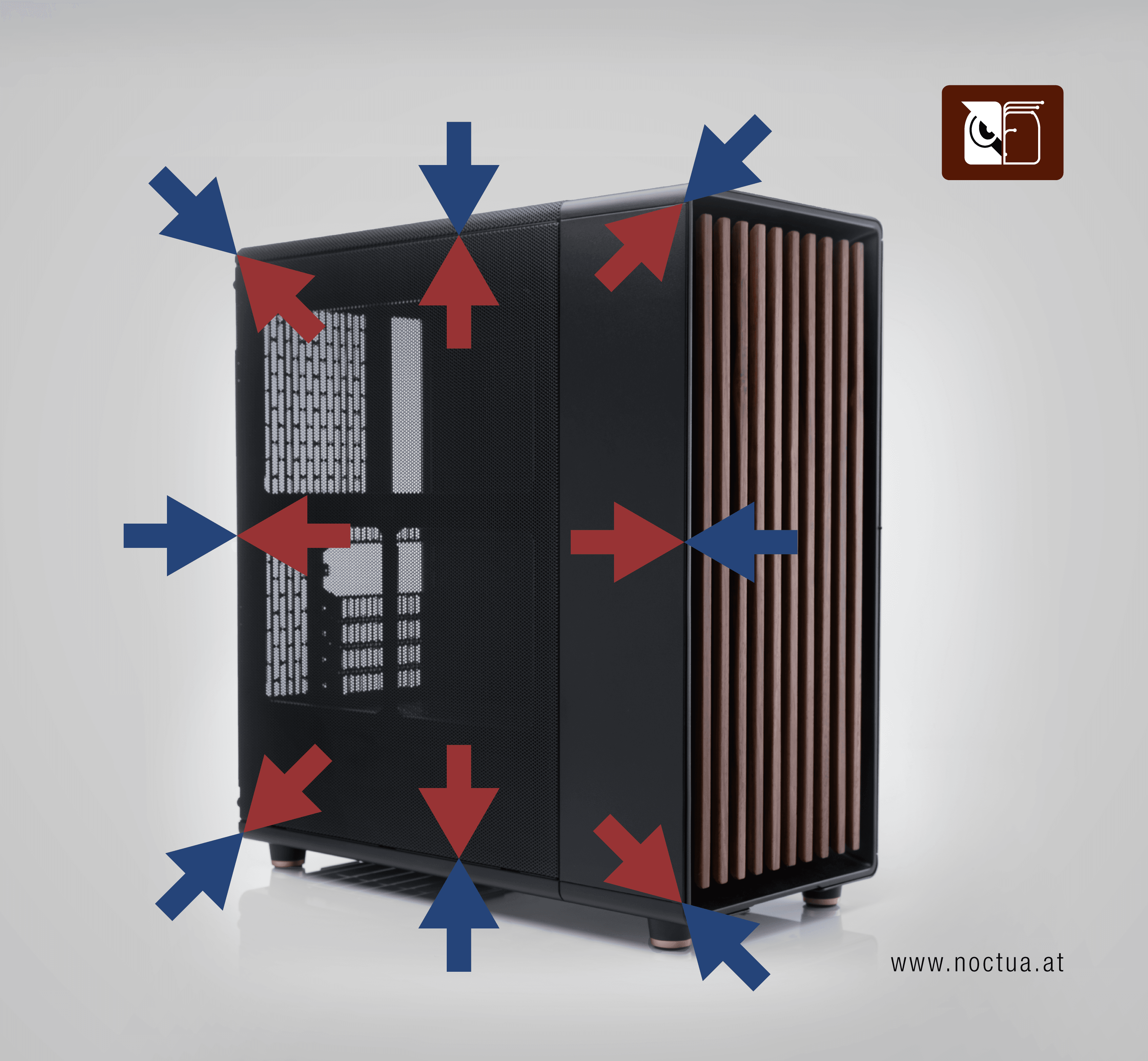 A Fractal Design North that illustrates neutral pressure by having some arrows in blue that point inwards, and some arrows in red that point outwards.