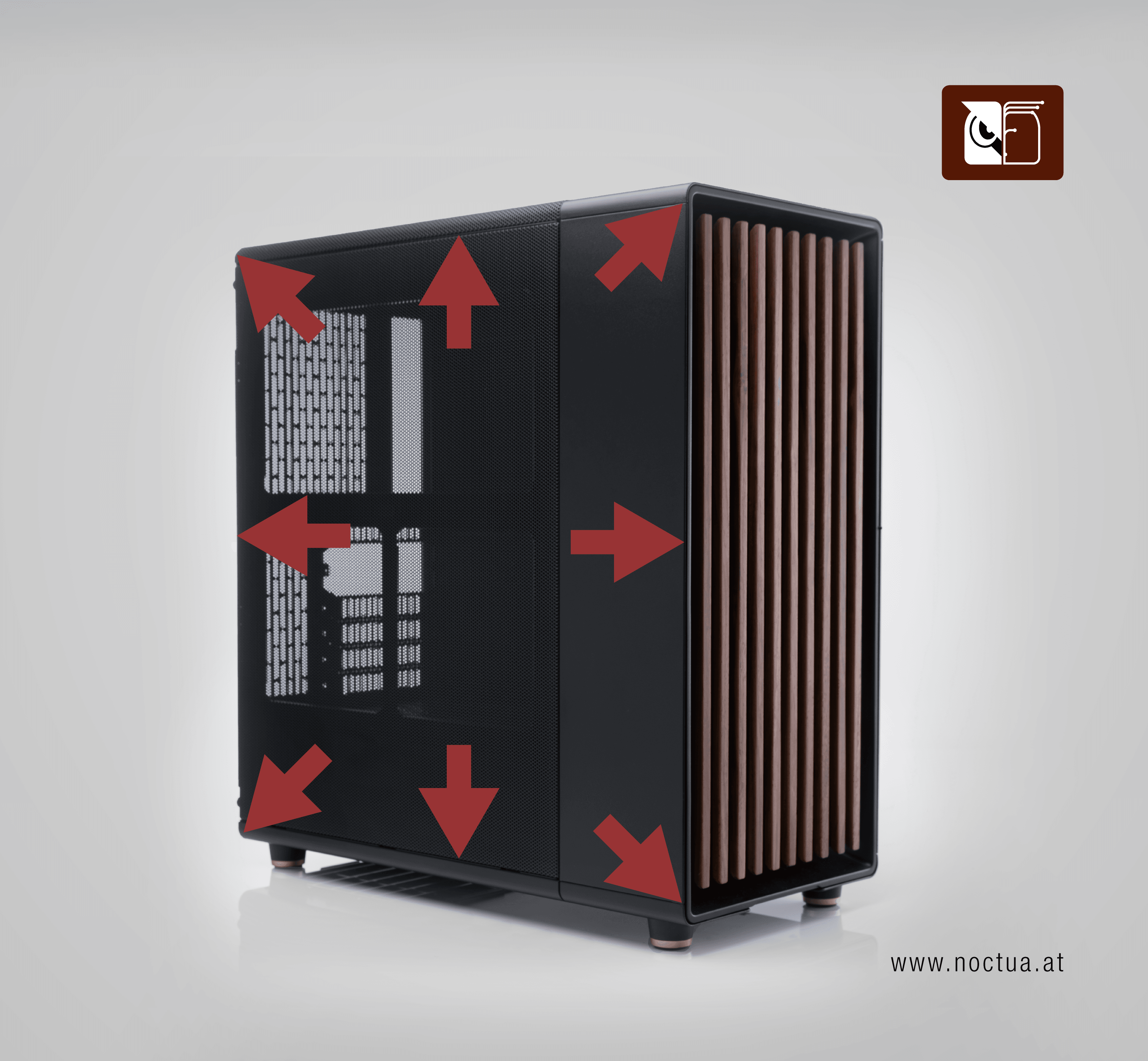 A Fractal Design North that illustrates positive pressure by having arrows in red that point outwards.