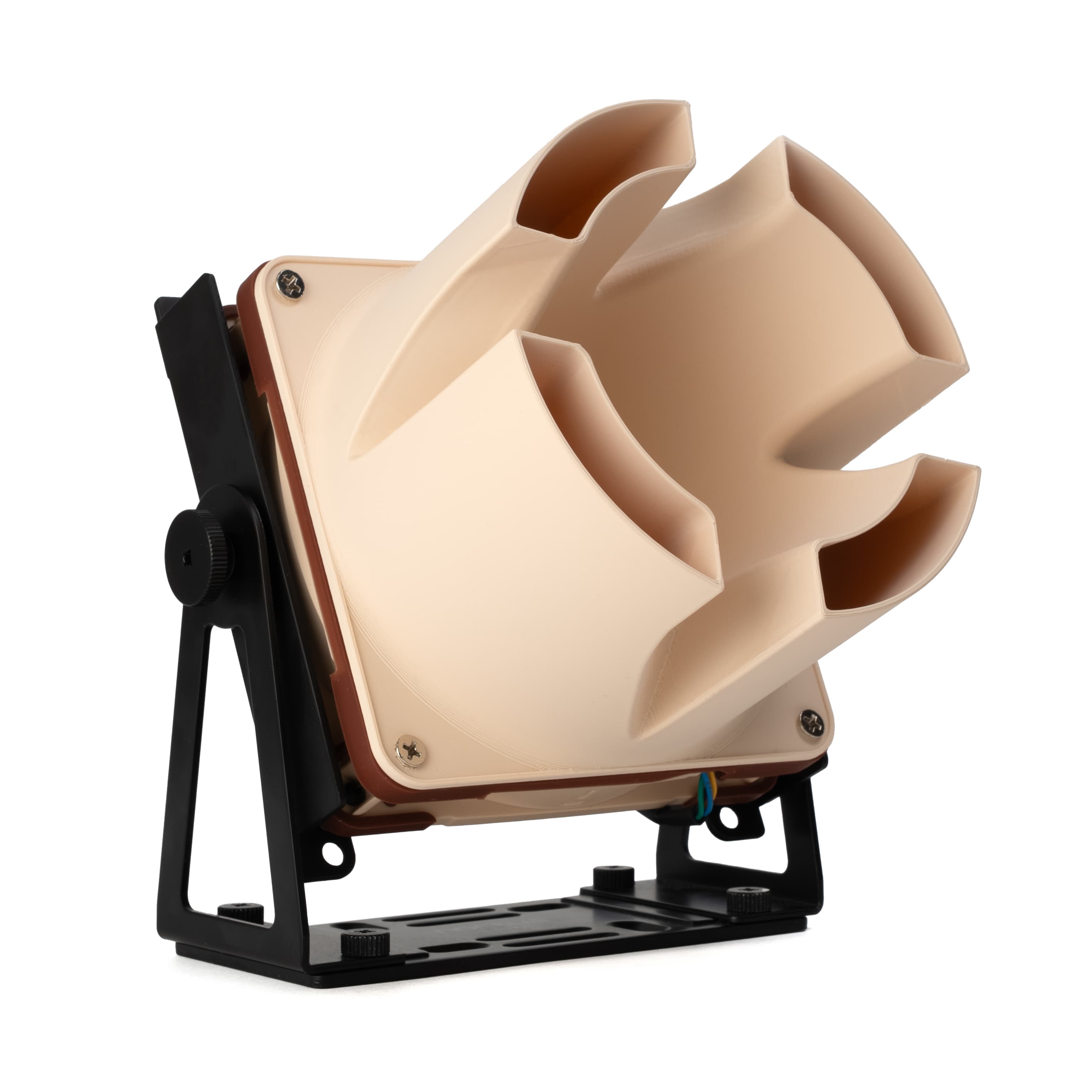 Beige 3D printed airflow amplifier with 120mm fan on NV-FM1 mount