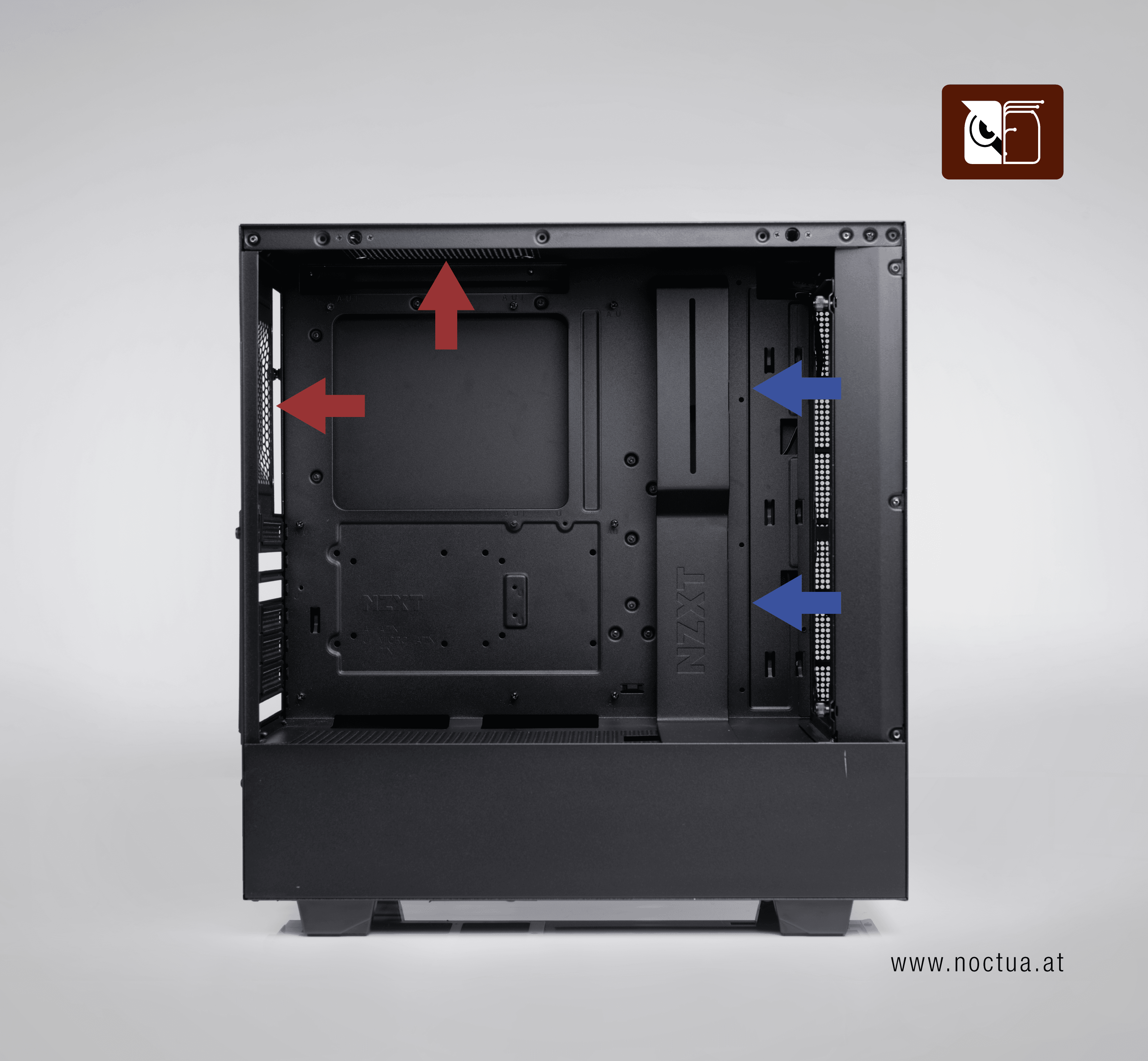 A PC case shown from the side with an open side panel. There are two blue errors pointing inwards at the case's front, and two red errors at the back. One pointing outwards and upwards, one pointing outwards towards the back.