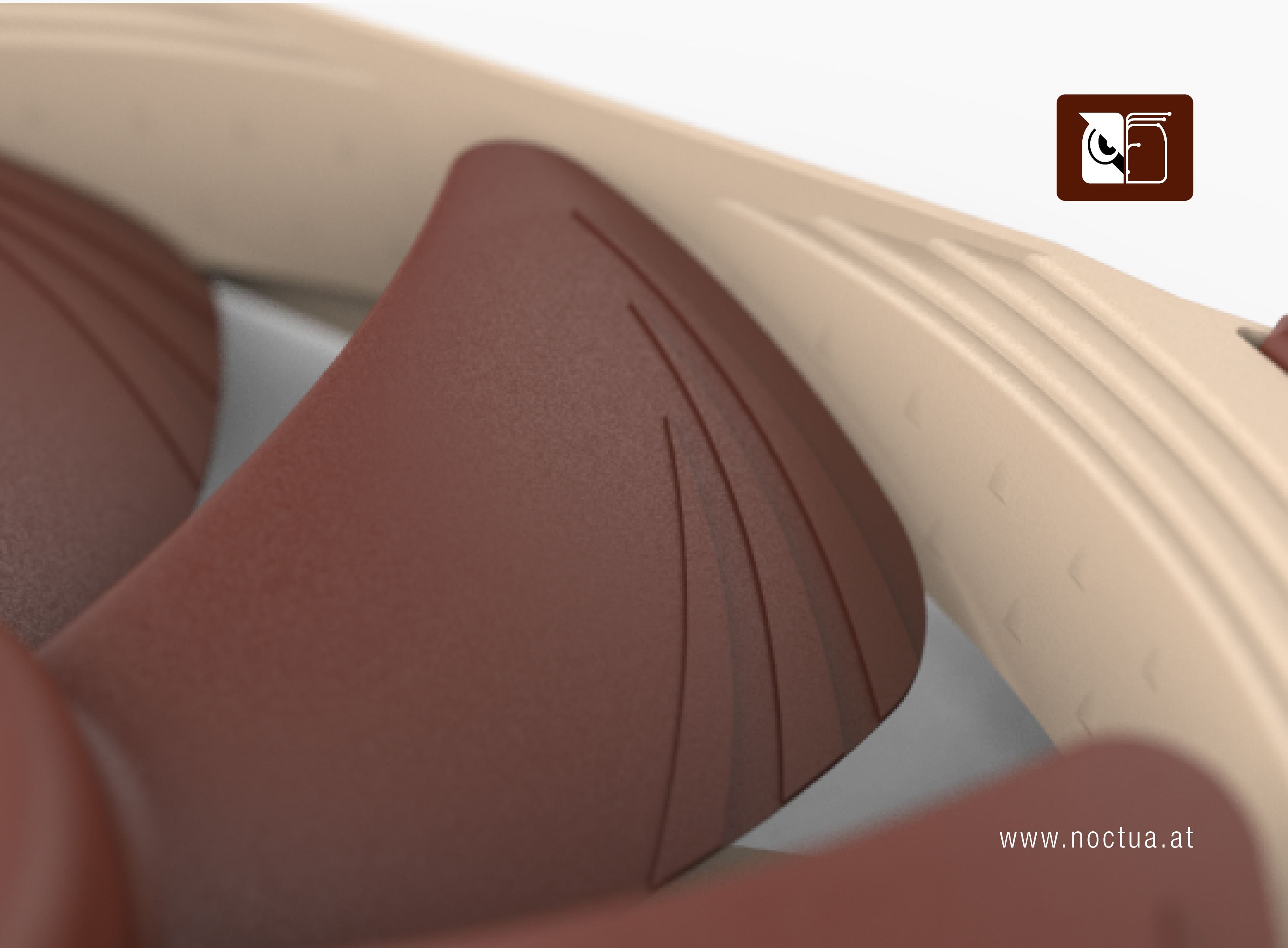 Close-up of a Noctua fan blade with flow acceleration channels, that reduce suction side flow separation and lead to better efficiency and lower vortex noise.