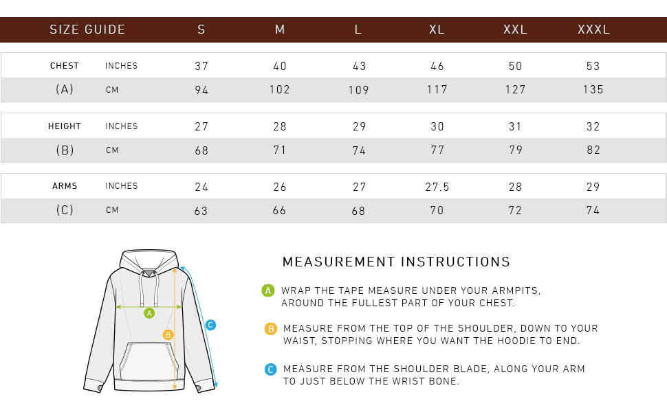 A size chart listing chest, height and arm measurements to pick the correct hoodie size.