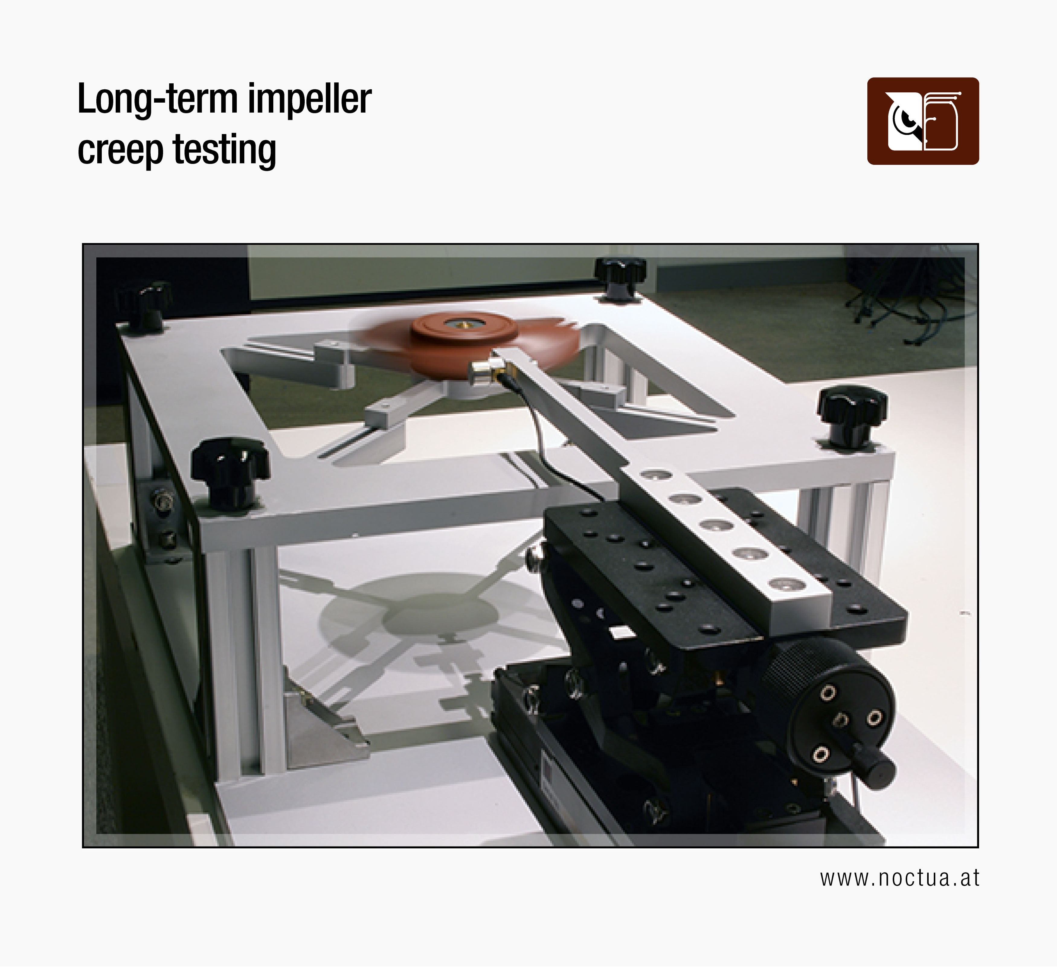 Laboratory setup for long-term impeller creep testing of a fan, featuring a visible fan impeller and testing apparatus that highlight the benefits of LCP.