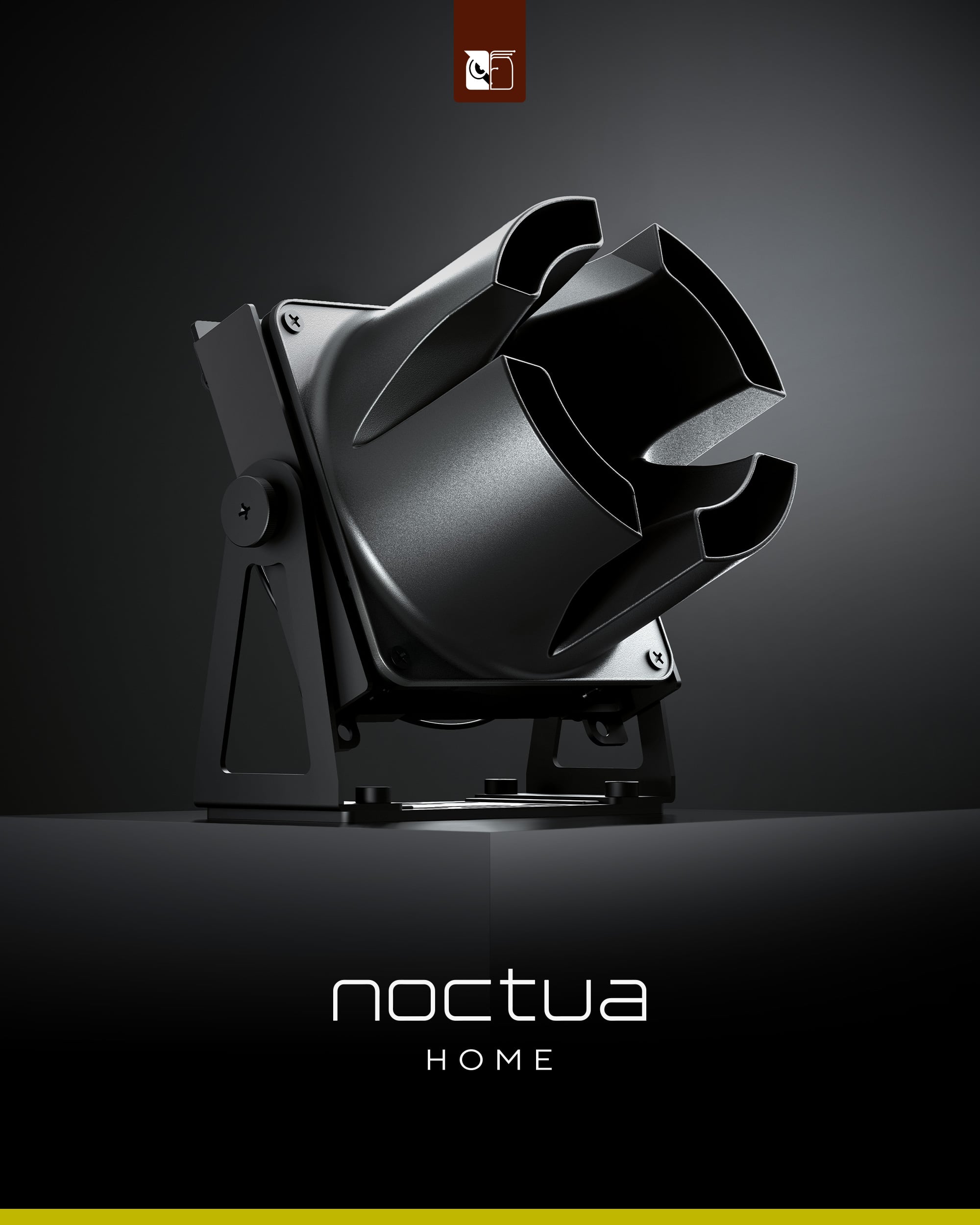 Close-up angled view of a Noctua HOME ventilation unit, a black fan with a unique directional nozzle on a stand.