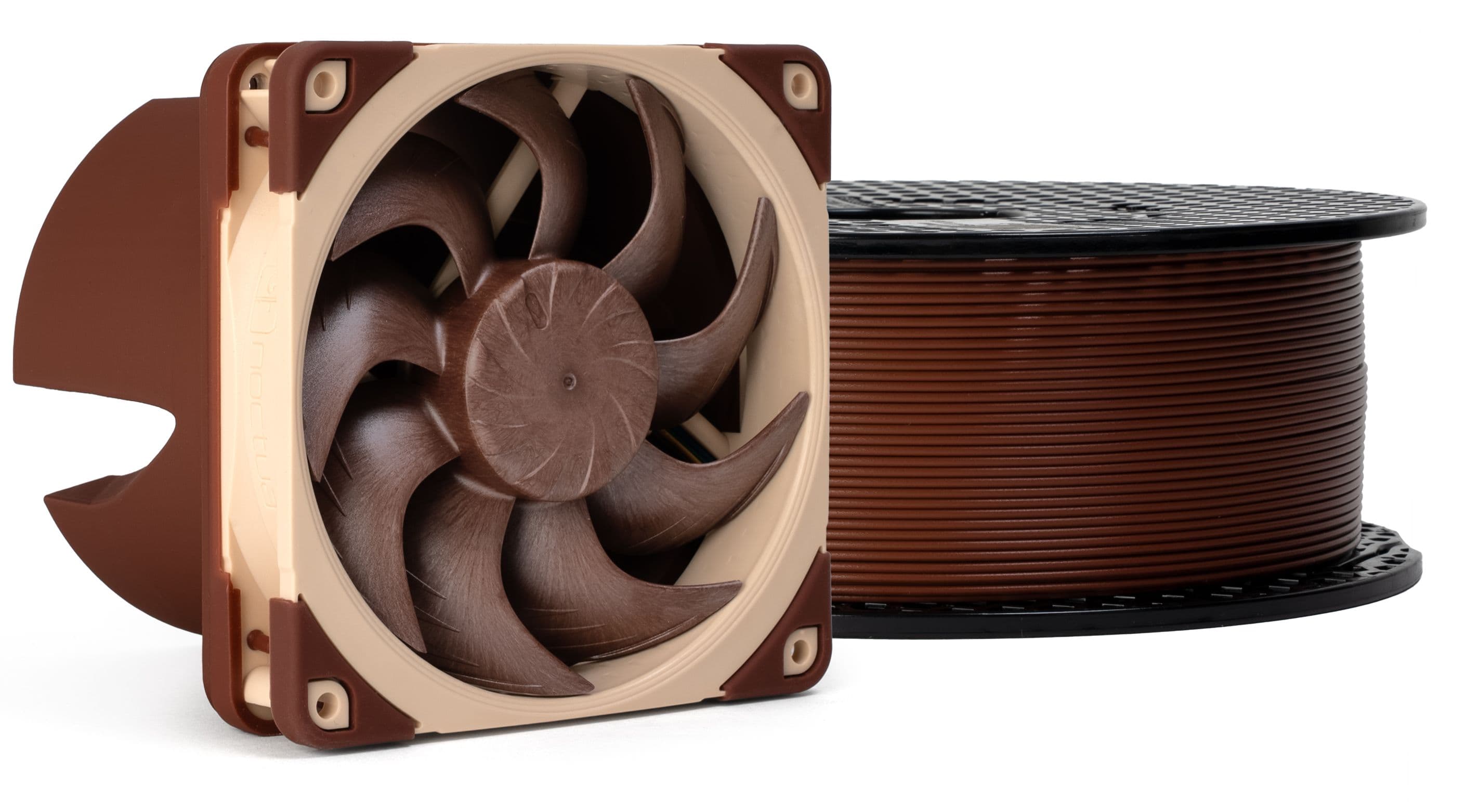 Brown Prusament Spool with Noctua NF-A12x25 G2 fan and 3D printed airflow amplifier